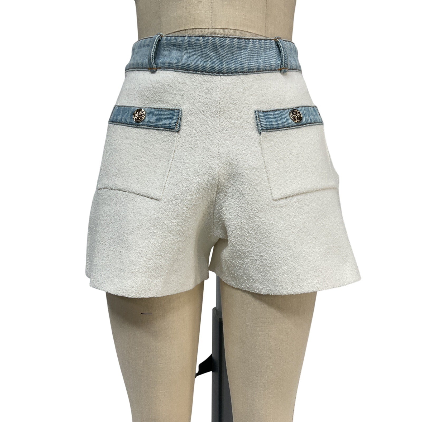 Maje Denim Trim Knitted White Cotton Shorts Size 36