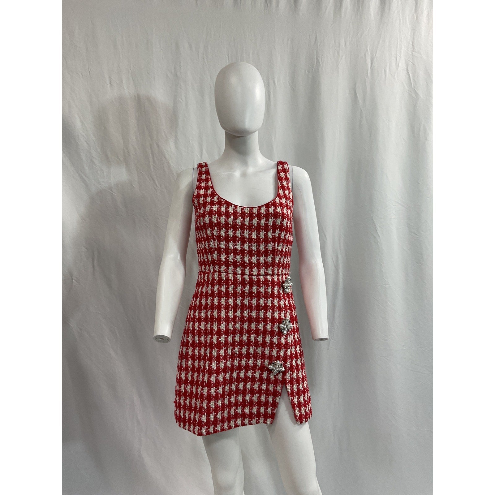 Self-Portrait 'Check' Red Crystal Embellished Boucle Mini Tweed Dress Size 4