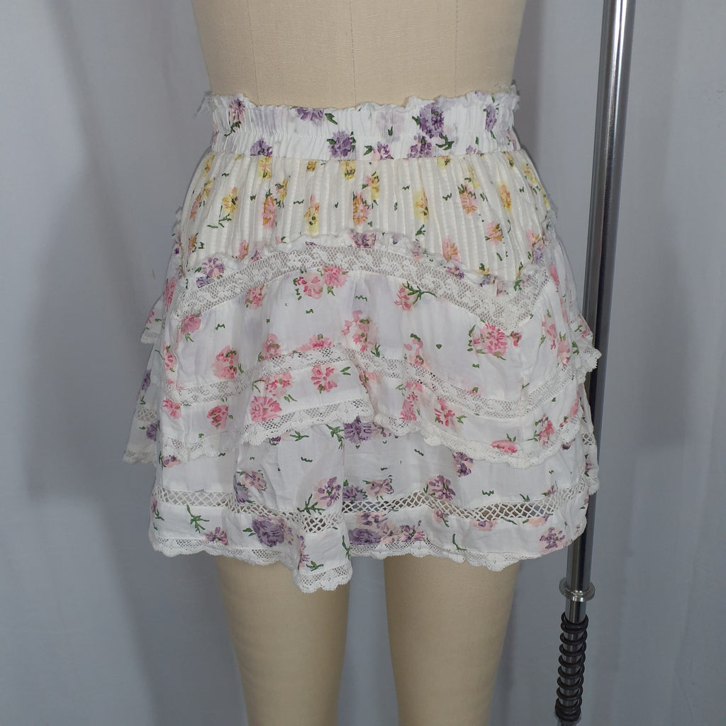 Loveshackfancy 'Abrielle' White Ruffled Floral Mini Skirt Size XS