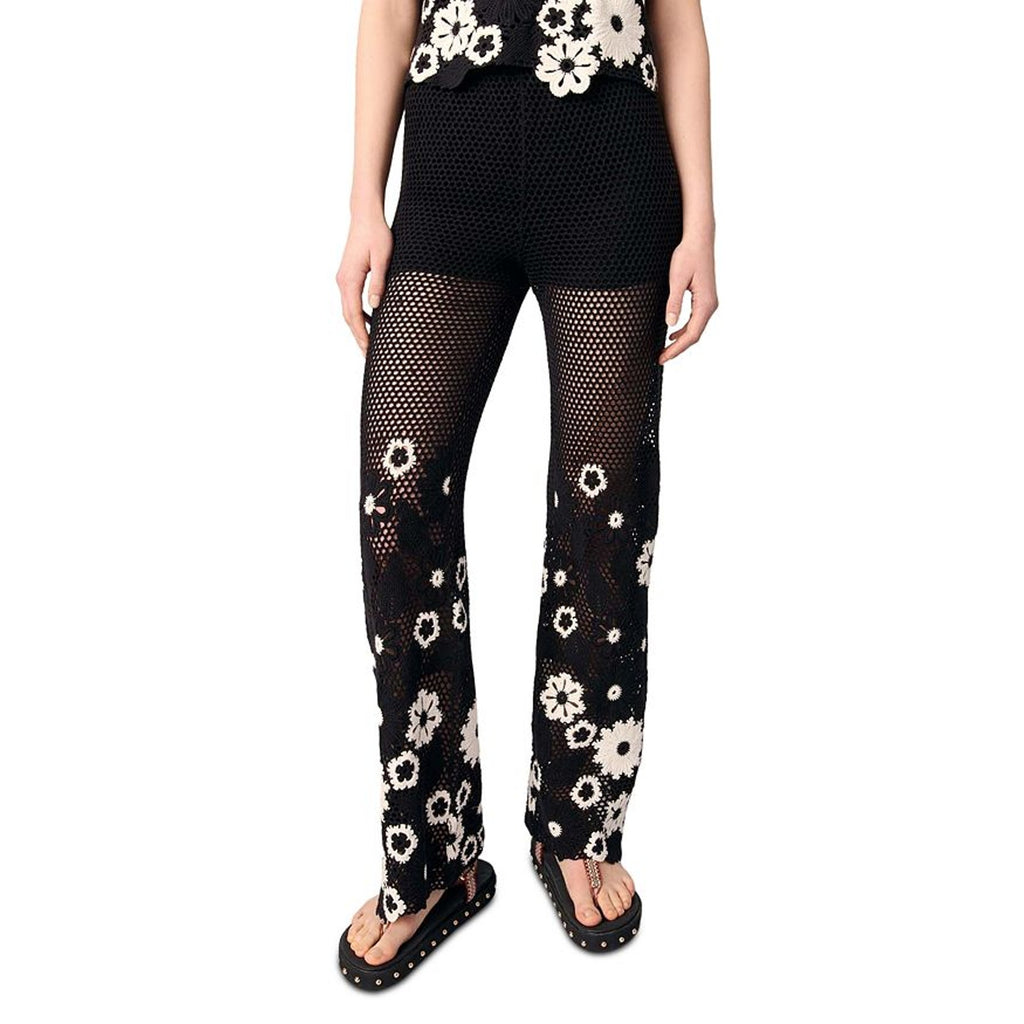 Maje Floral Crochet Black Cotton Trousers Size 34