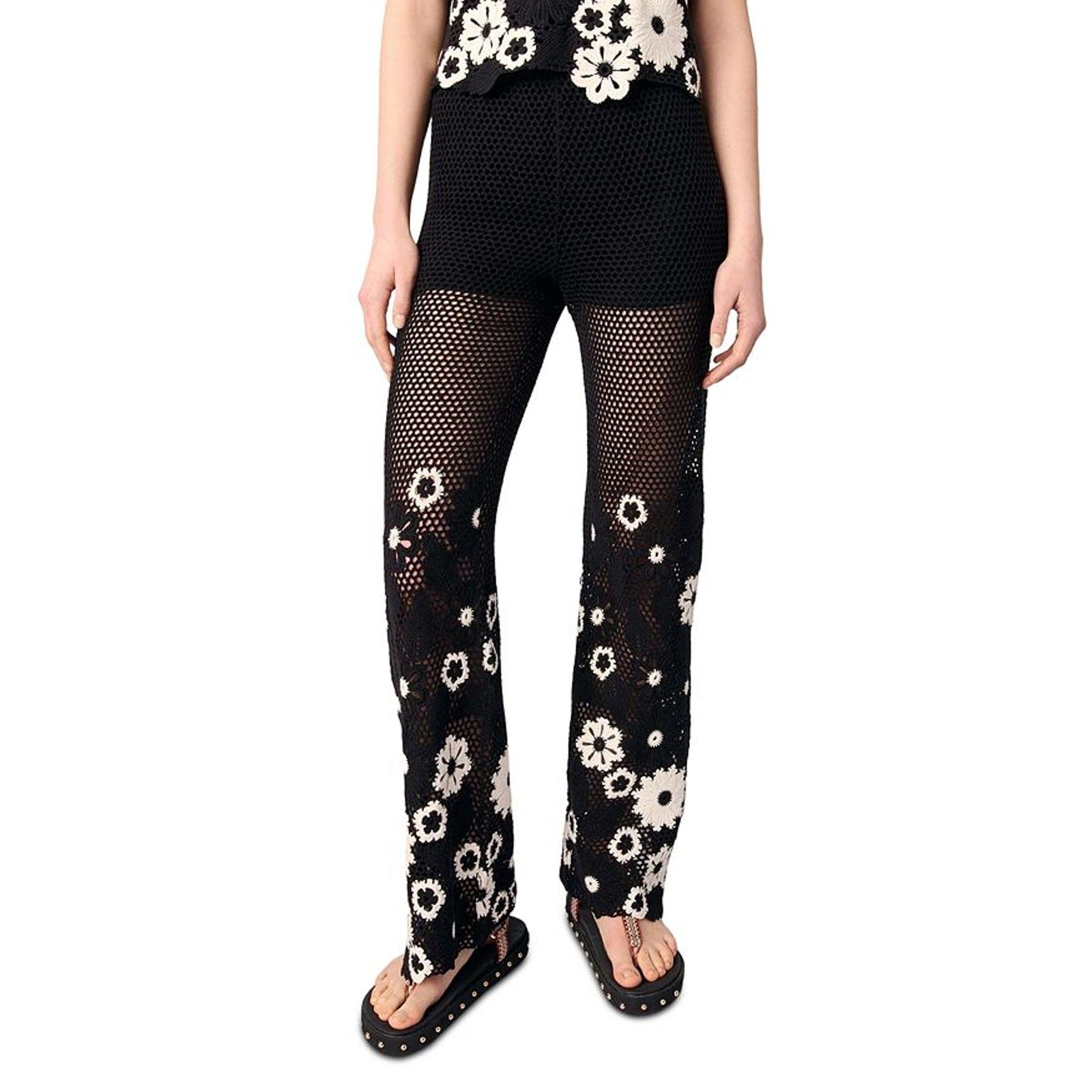 Maje Floral Crochet Black Cotton Trousers Size 34