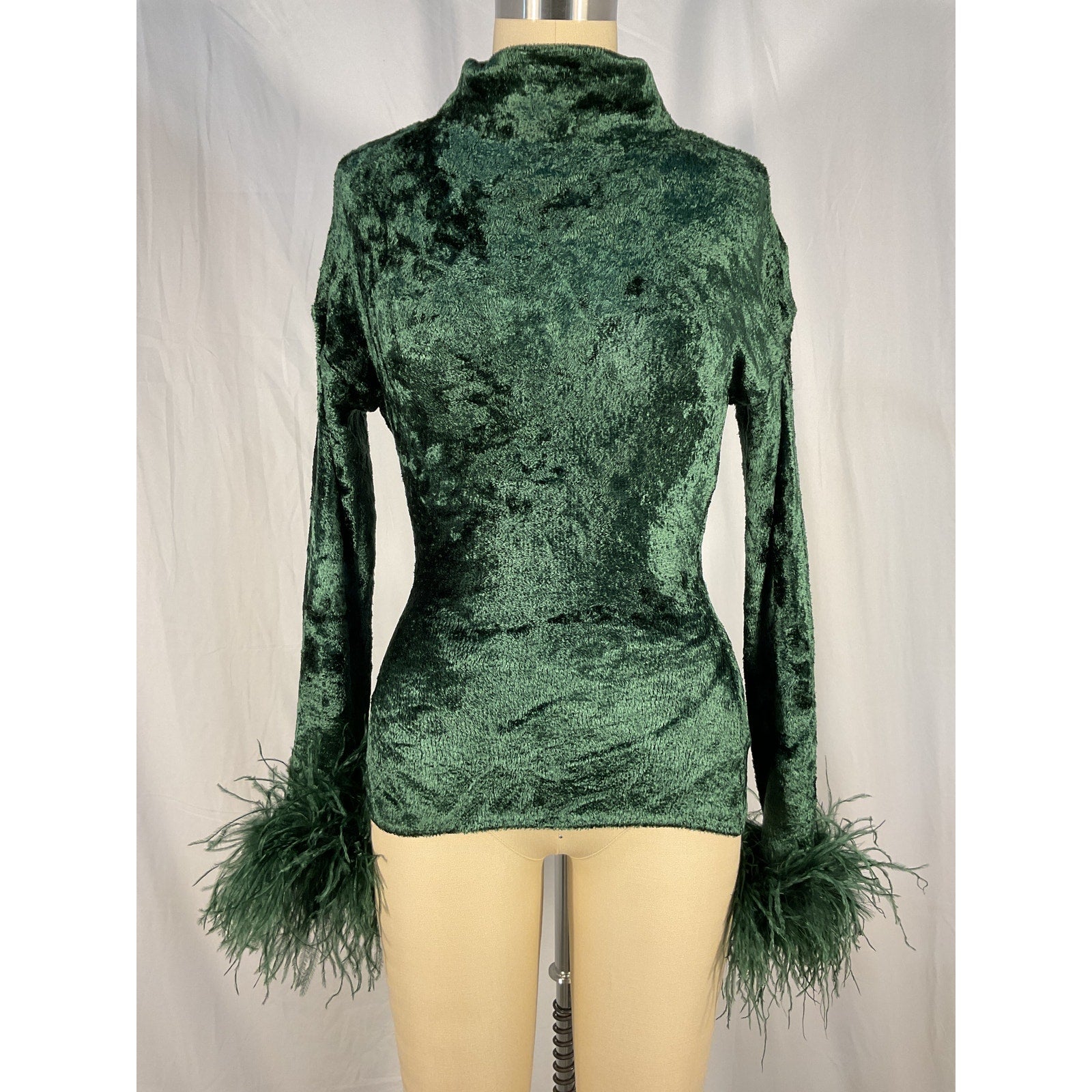 Lapointe Feather-Trimmed Green Mock Funnel Neck Long Dolman Sleeve Velvet Top Size S