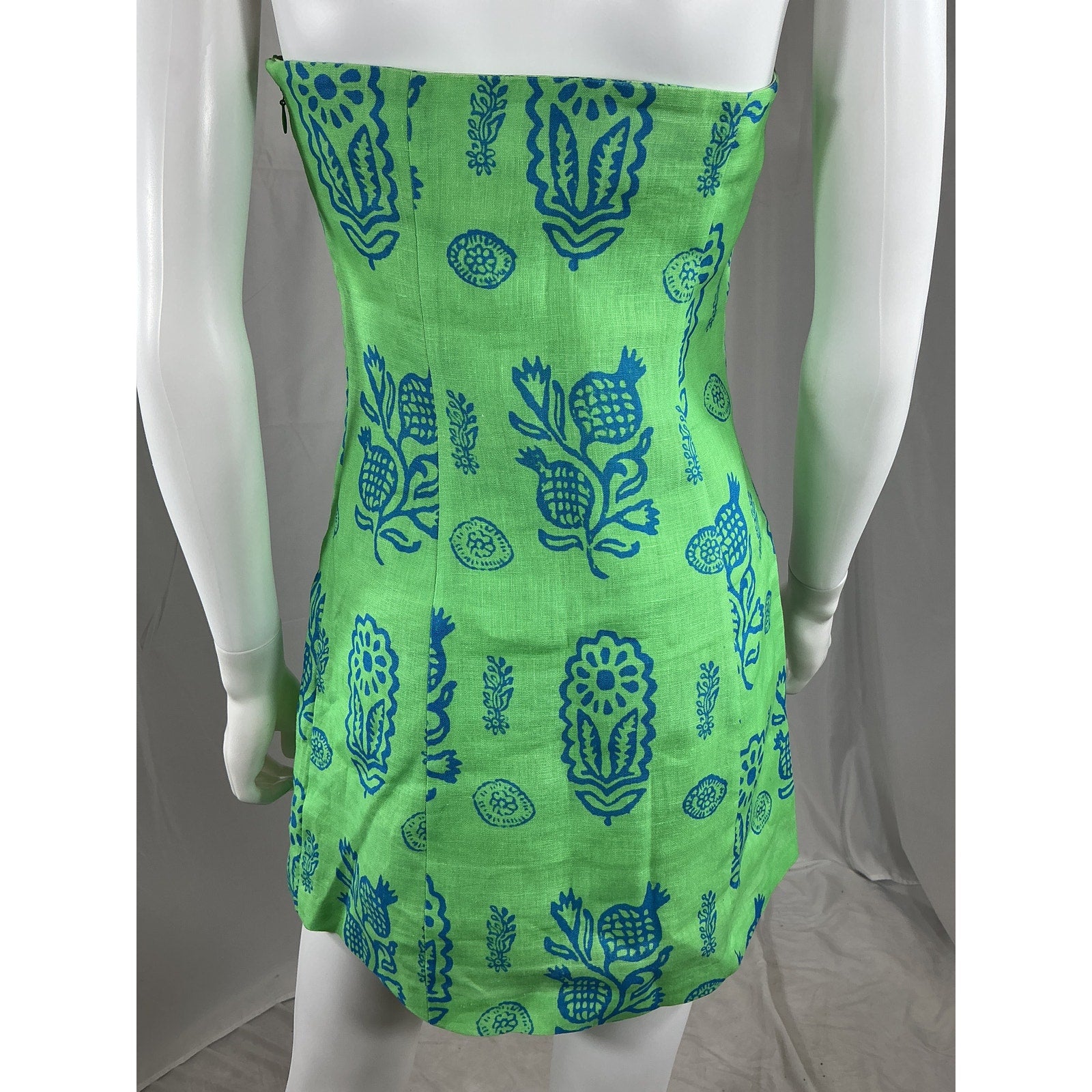 Rhode 'Giovanna' Green Linen Strapless Printed Linen Mini Dress Size 2
