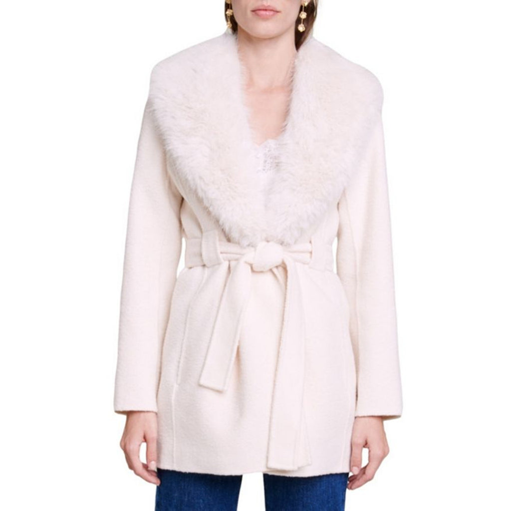 Maje 'Galaxyo' White Faux Fur Collar Coat Size 4