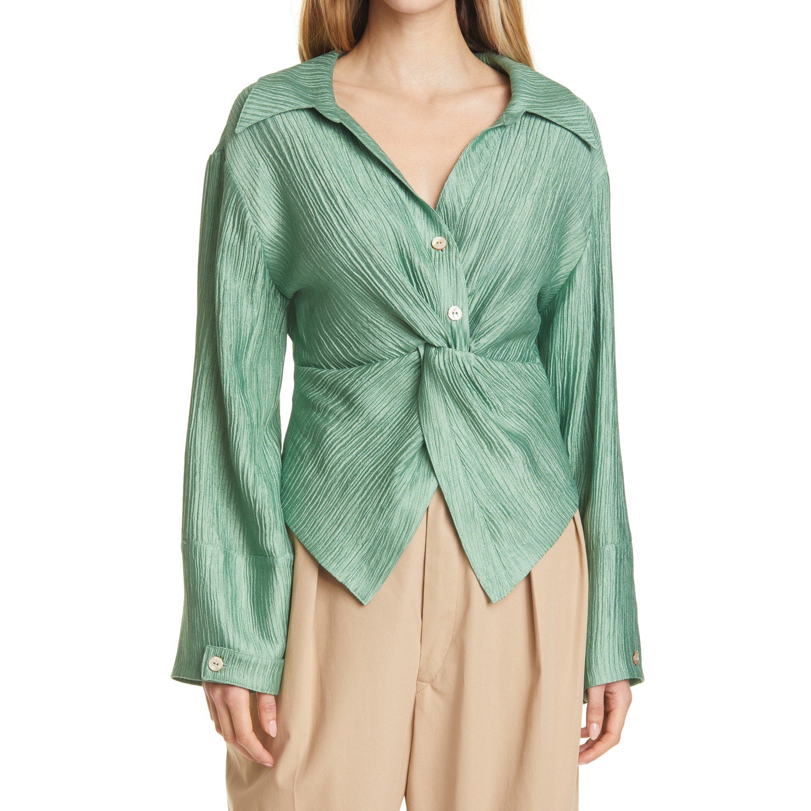 Nanushka 'Idris' Green Ruched Long Sleeve Blouse Size XS