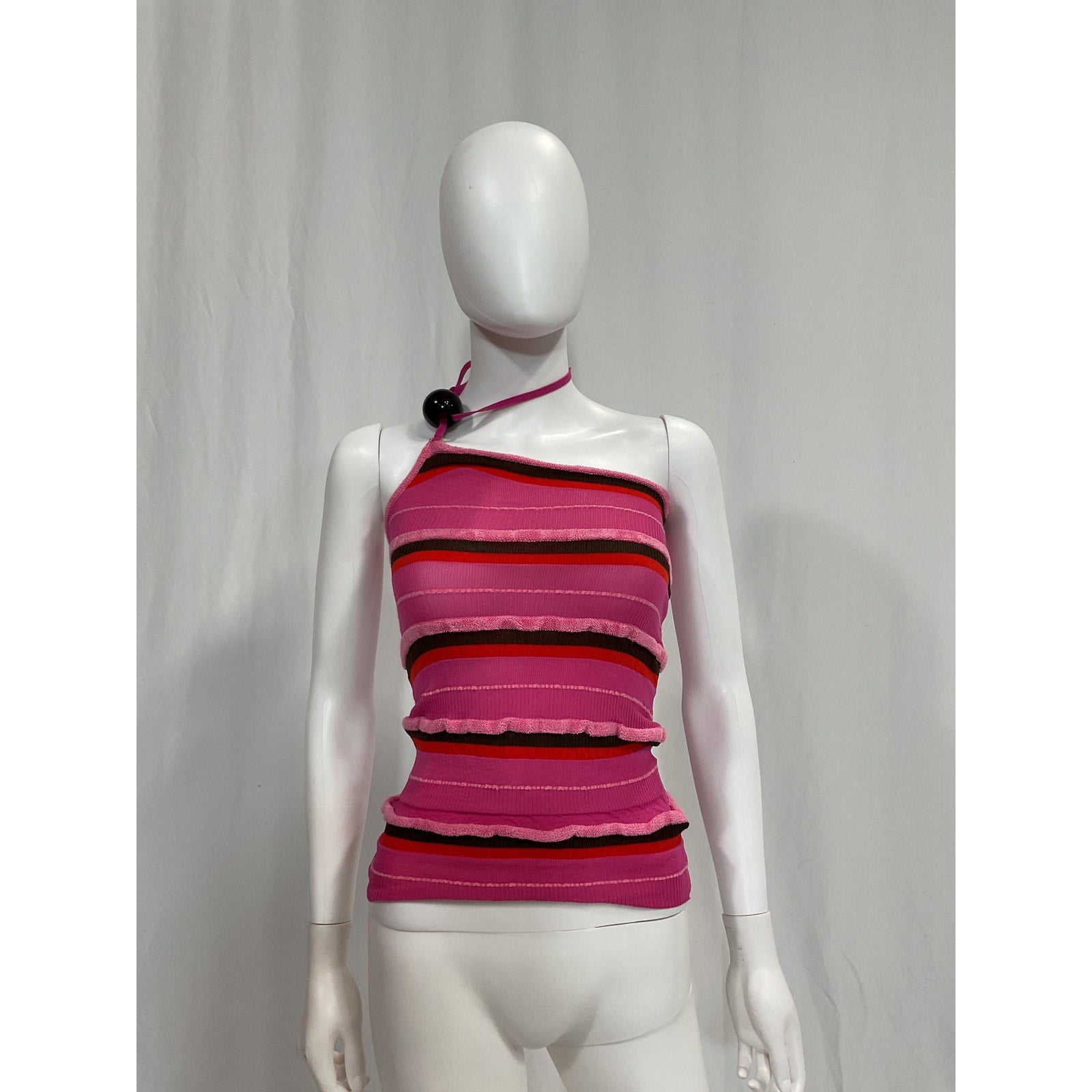 Jacquemus 'Concha' Pink Embellished One-Shoulder Ruched Striped Seersucker Top Size 2