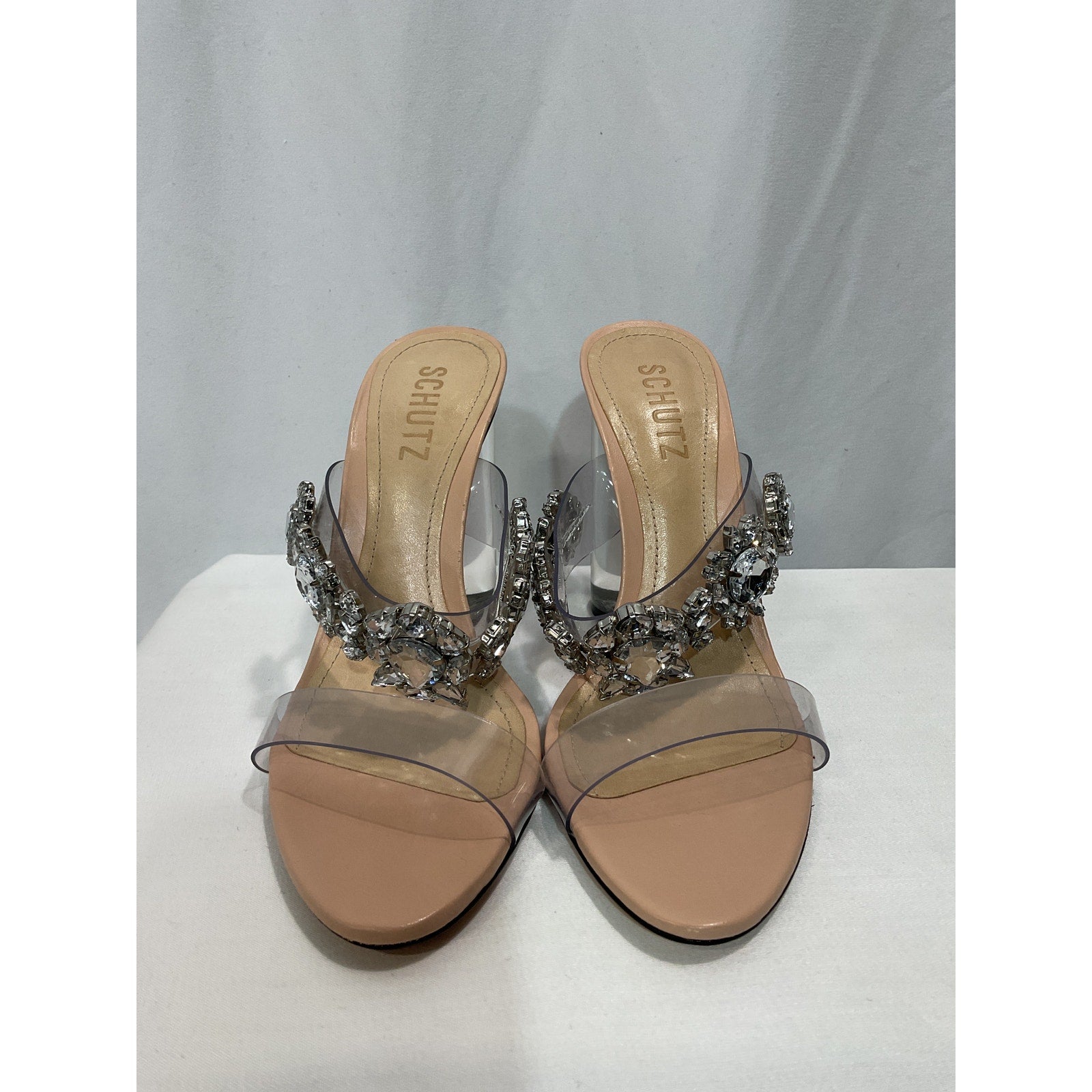 Schutz 'Blanck' Tan Clear Crystal Embellished Slide Sandal Size 6.5