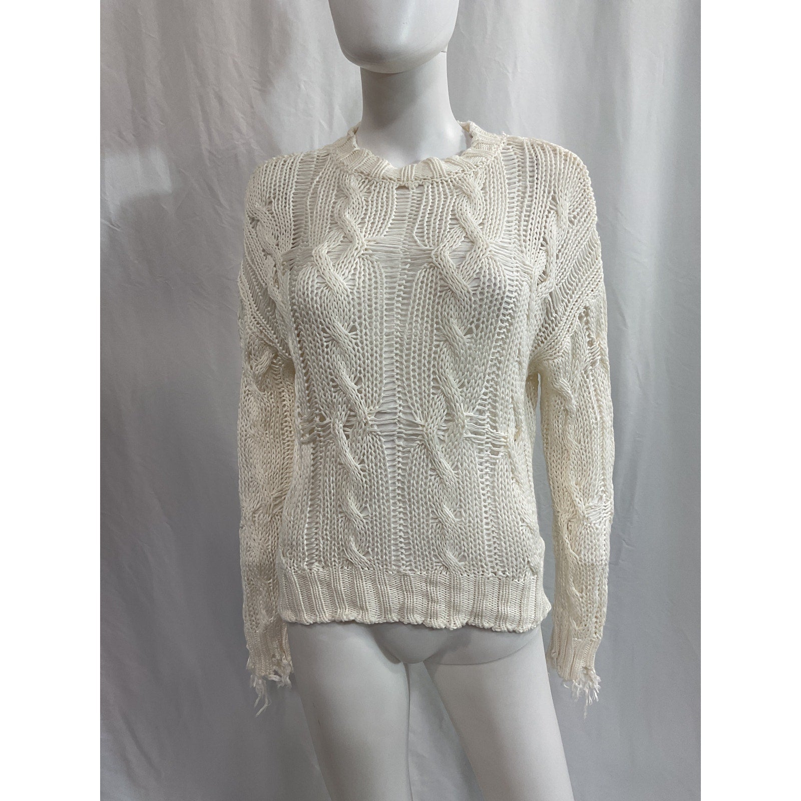 Sablyn 'Mitzy' Distressed White Open-Knit Crew Neck Long Sleeve Pullover Sweater Size S
