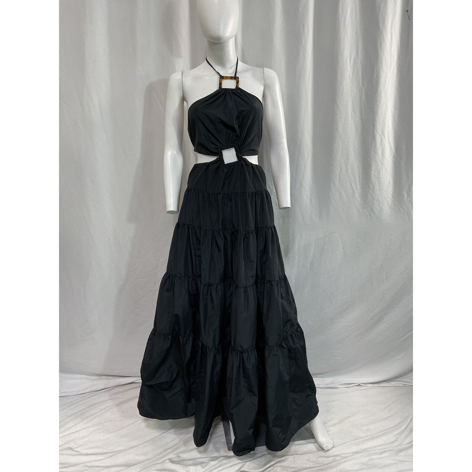 Staud 'Dome' Black Taffeta Cut Out Halterneck Tie Dress Size XS