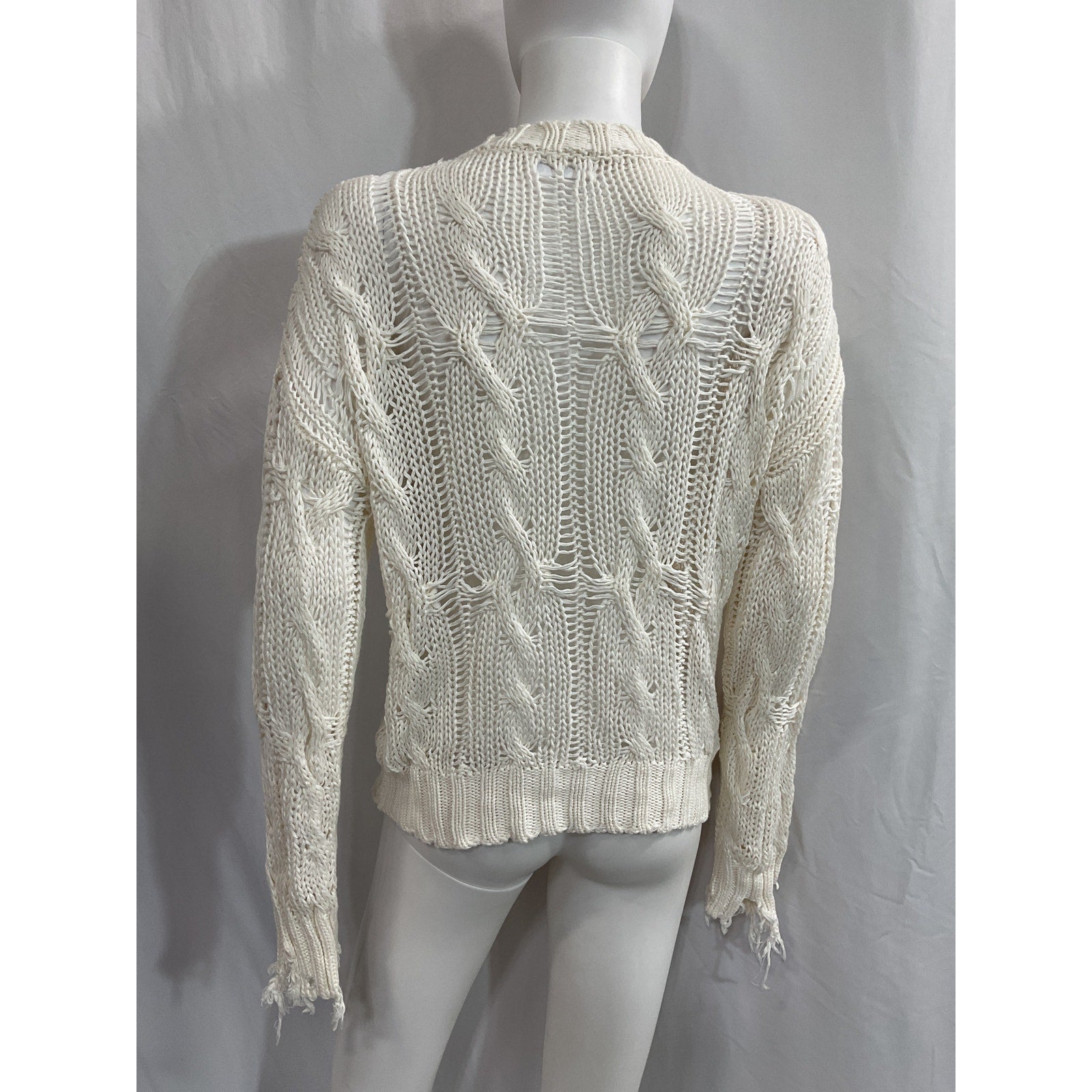 Sablyn 'Mitzy' Distressed White Open-Knit Crew Neck Long Sleeve Pullover Sweater Size S