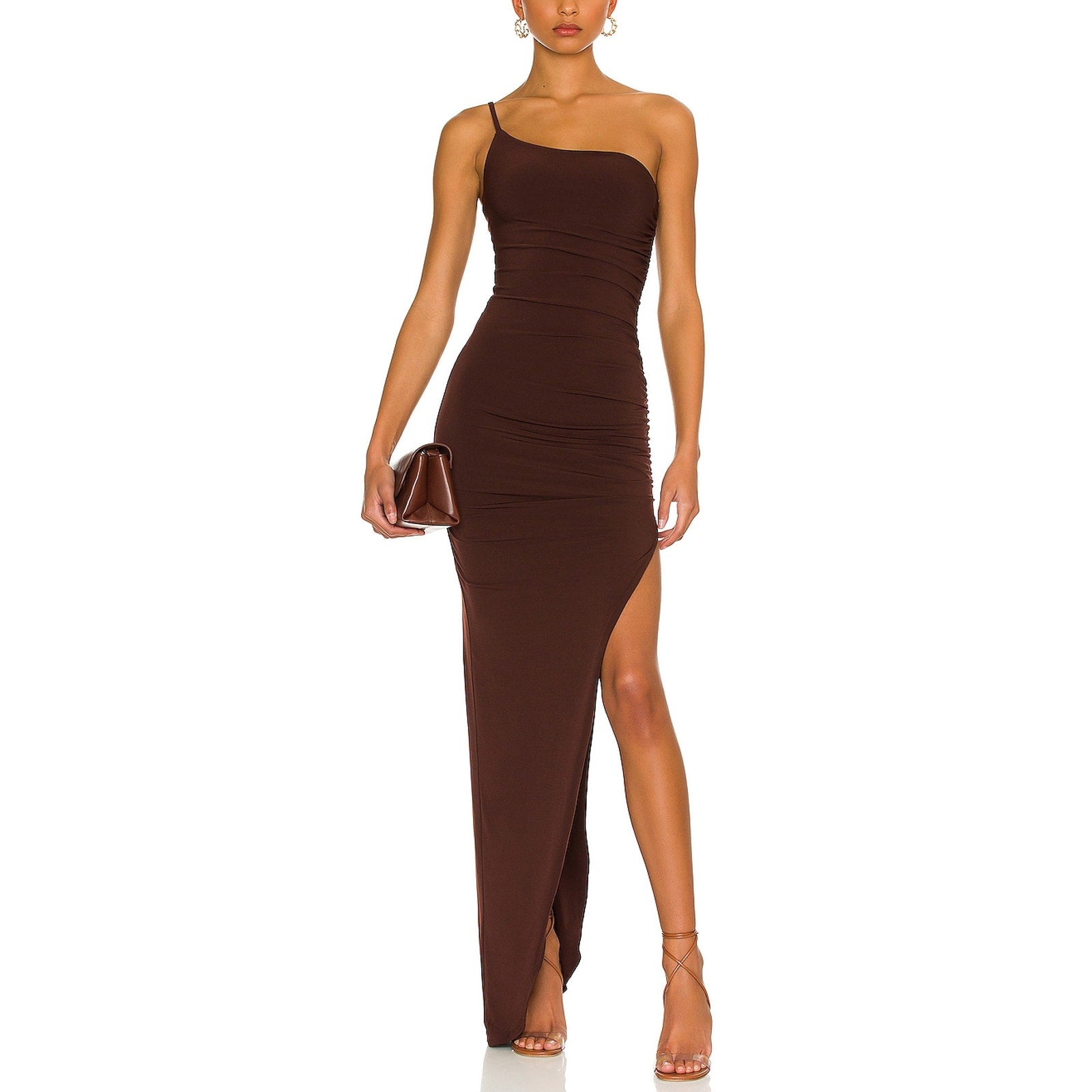 Nookie 'Aria' Brown Crepe One Shoulder Gown Size XS
