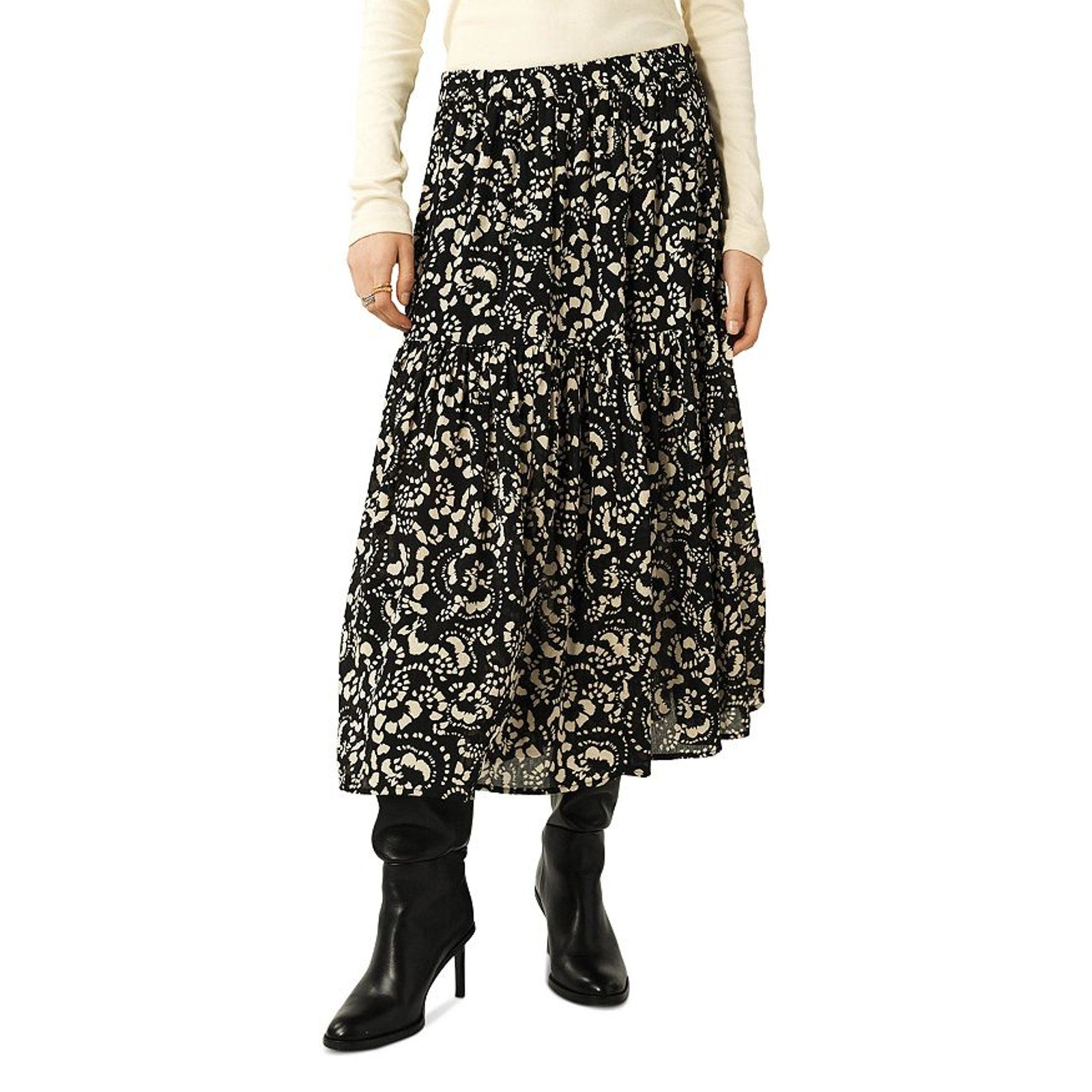 Ba&Sh 'Eola' Black Polyester Floral Tiered Midi Skirt Size 4 US