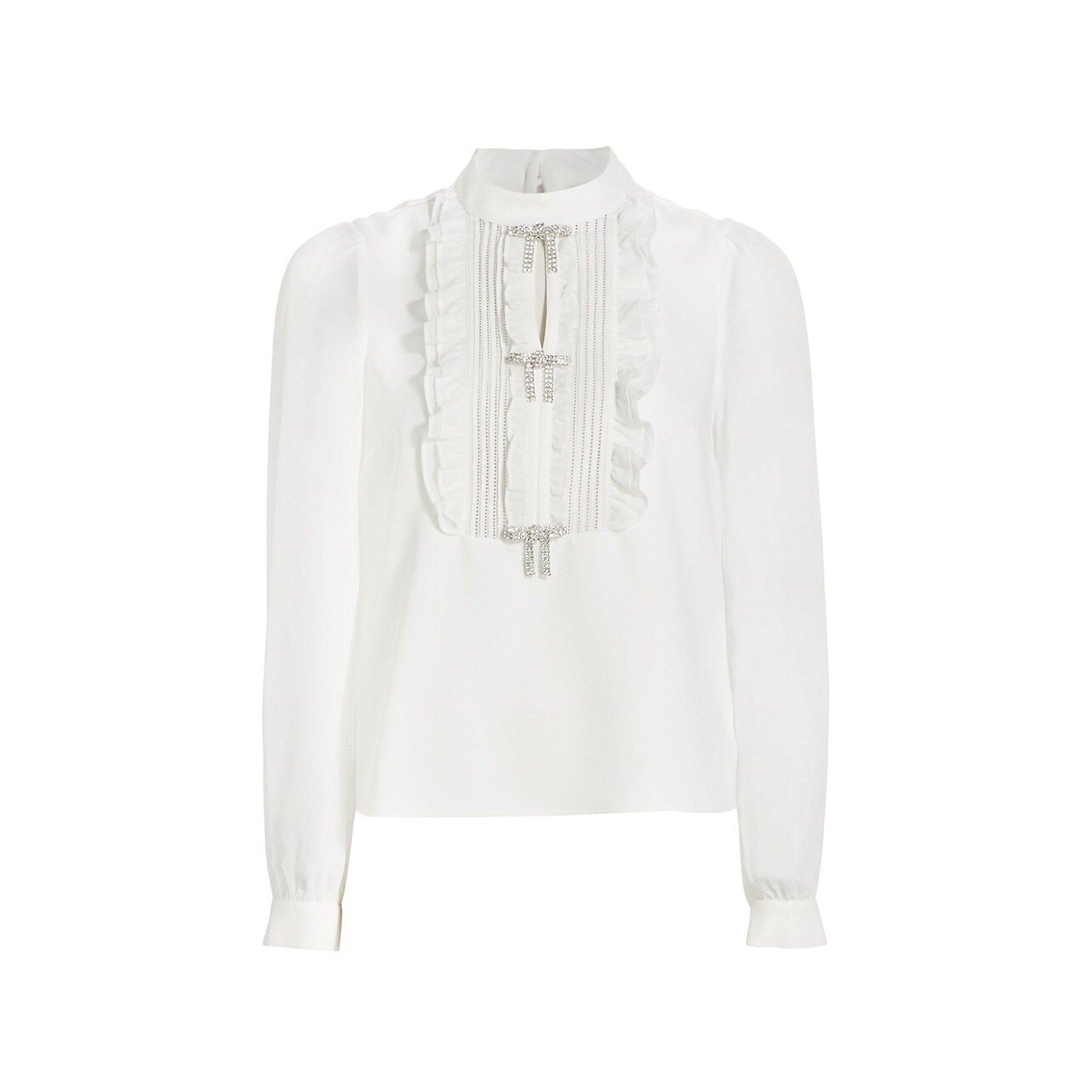 Self-Portrait 'Crystal' White Chiffon Embellished Bow Ruffled Bib Blouse Size 0