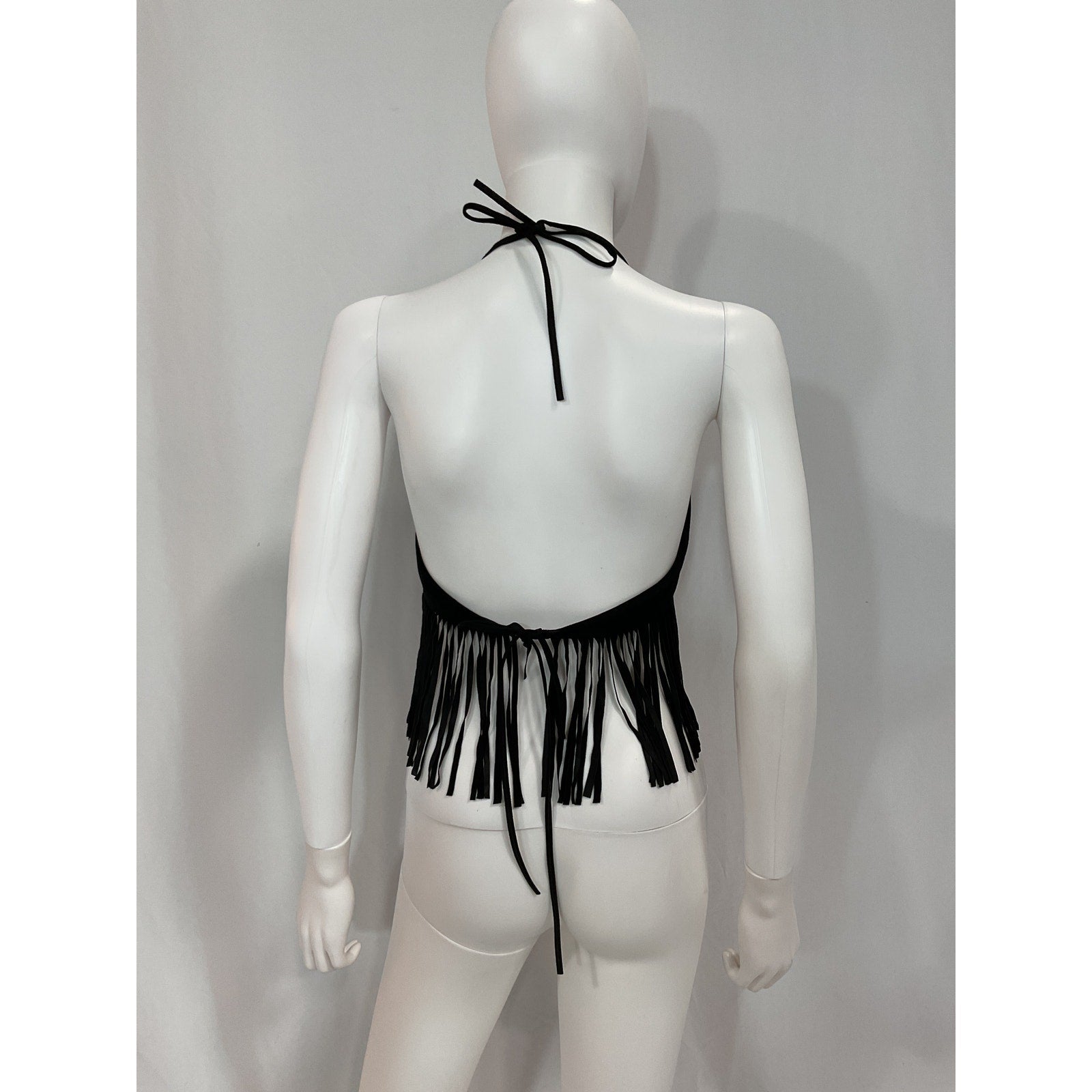 Lamarque 'Sabbi' Black Halterneck Back Tie Fringe Trim Suede Leather Top Size S