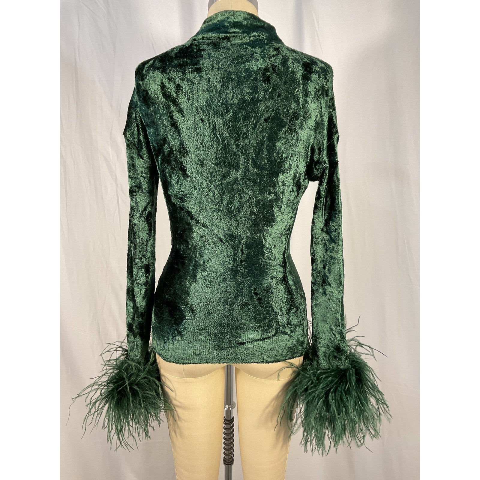 Lapointe Feather-Trimmed Green Mock Funnel Neck Long Dolman Sleeve Velvet Top Size S