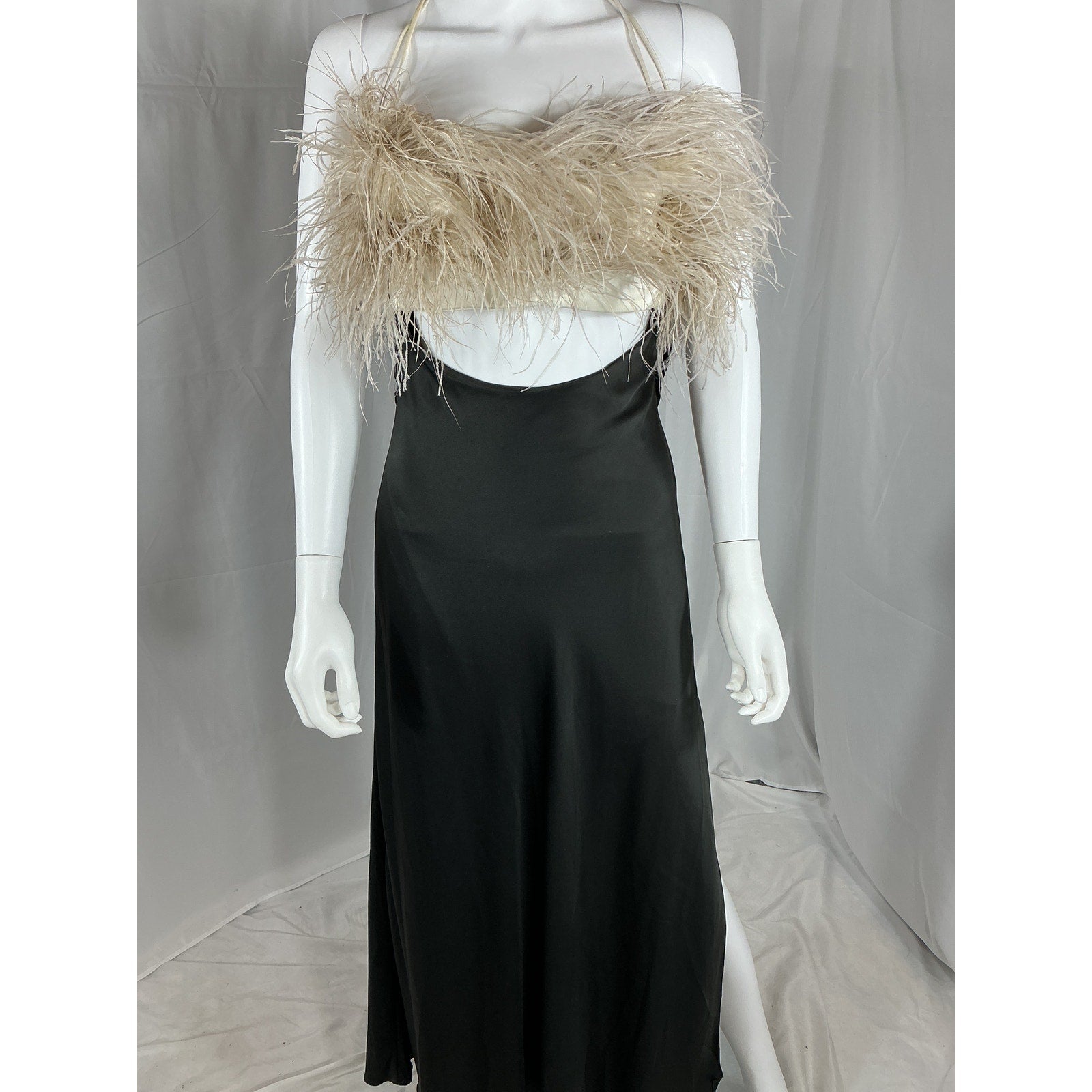 Patbo Feather Trim Black Poly Midi Slip Dress Size 4