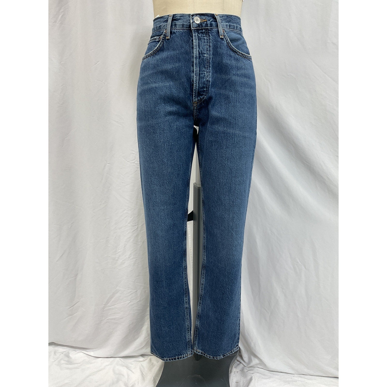 Agolde '90'S' Blue Cotton Pinch Waist High Rise Straight Long Denim Jean Size 27