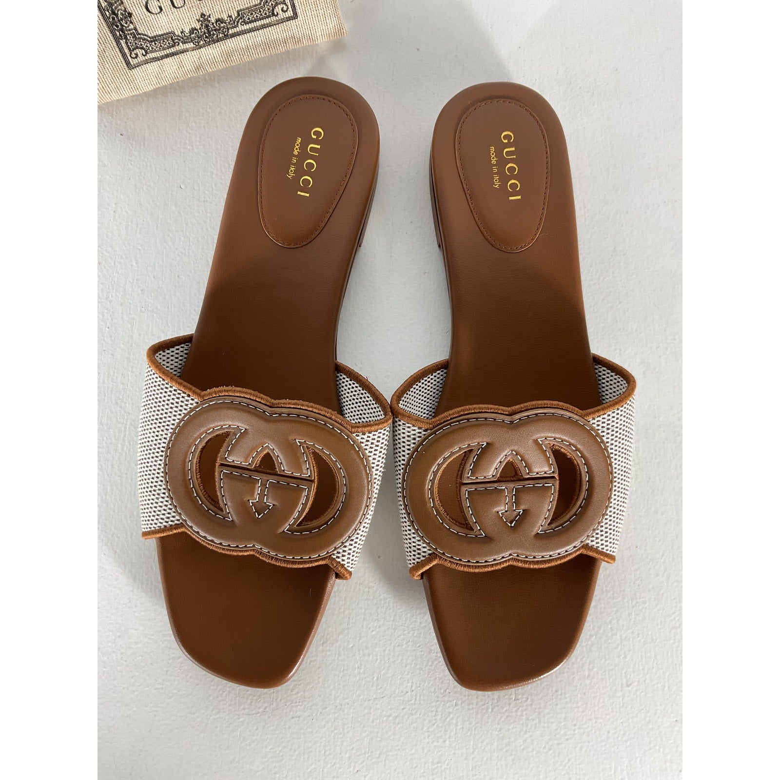 Gucci Interlocking G Brown Leather-Trimmed Slides Size 9