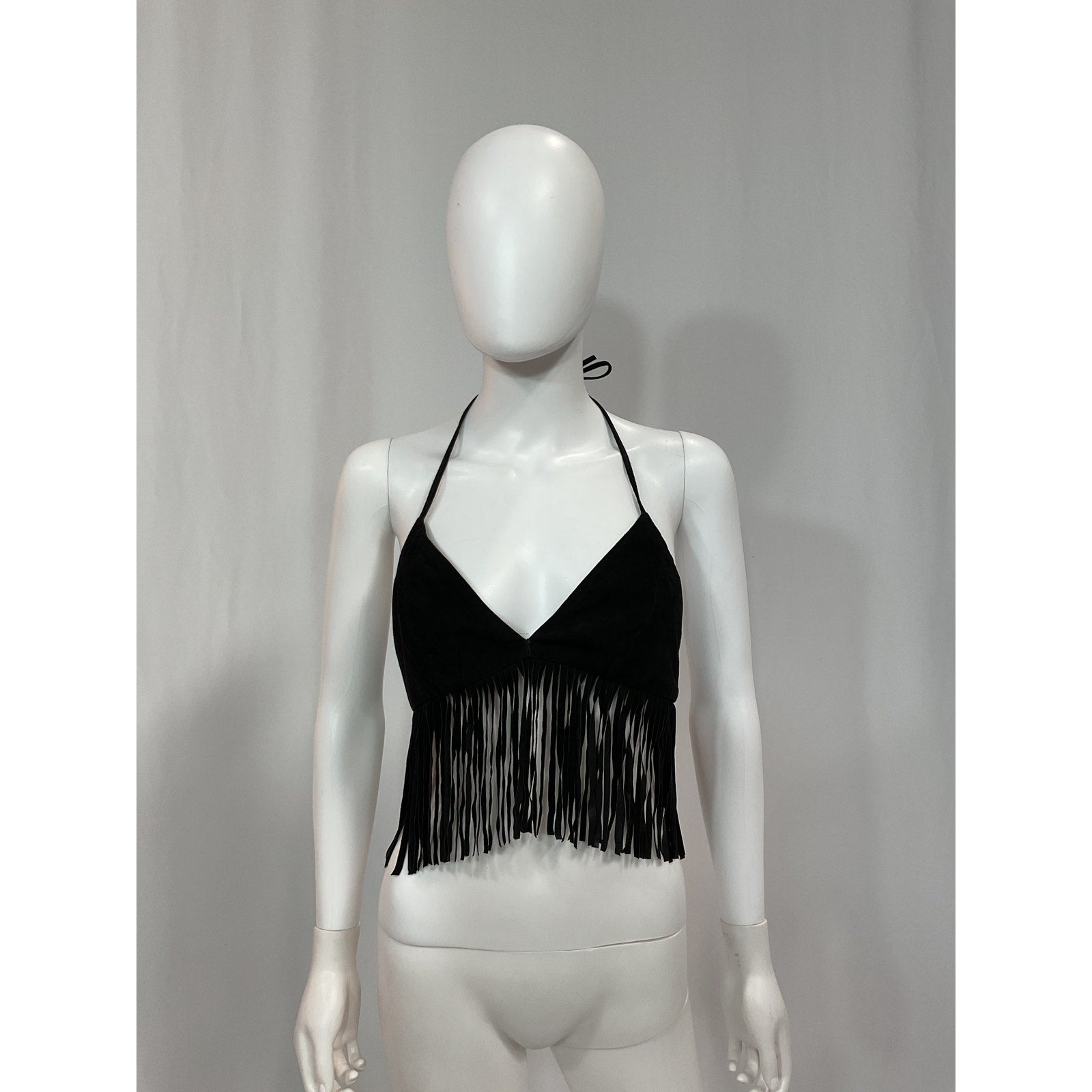 Lamarque 'Sabbi' Black Halterneck Back Tie Fringe Trim Suede Leather Top Size S