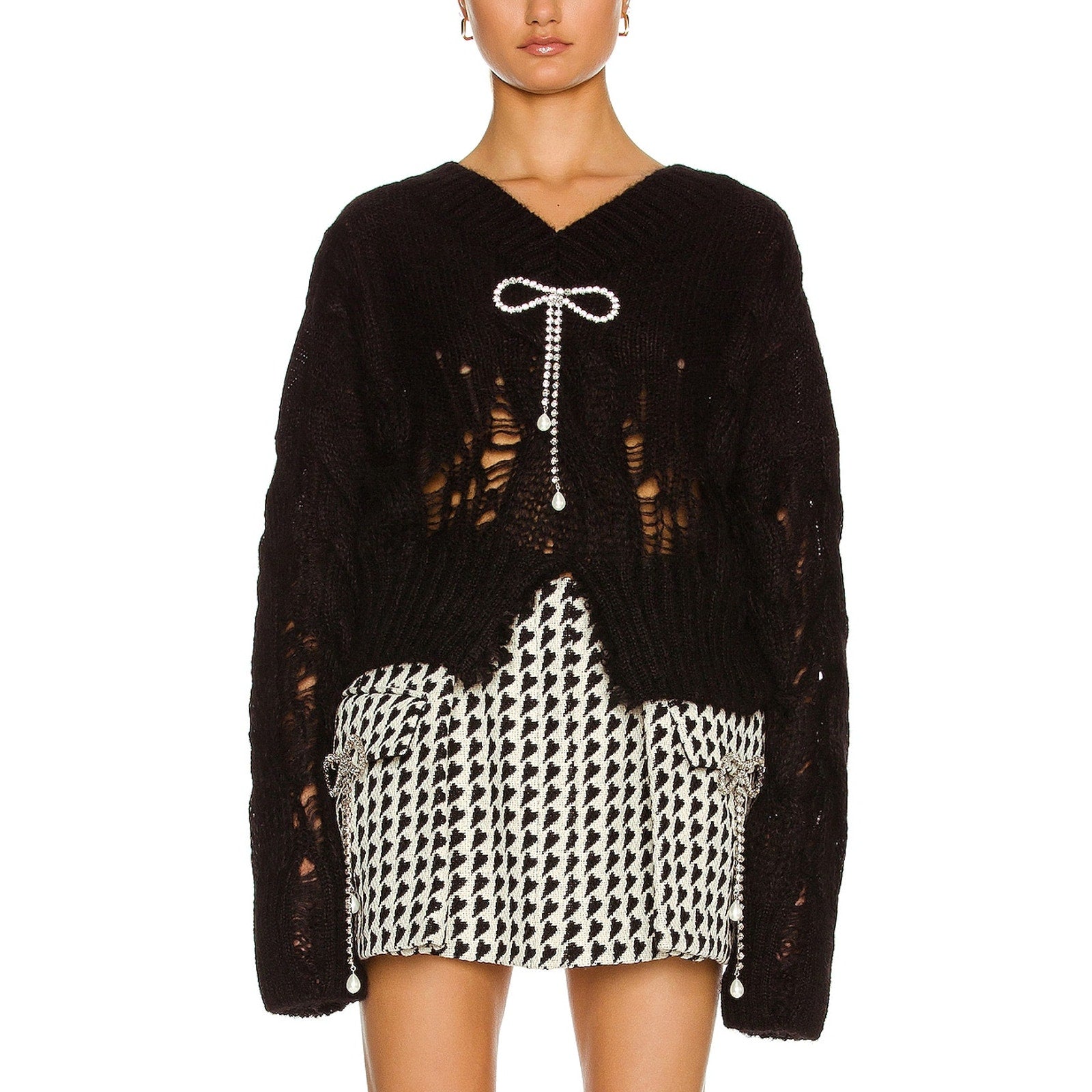 Area 'Distressed' Black Cable Knit Crystal Bow Pullover Size XS