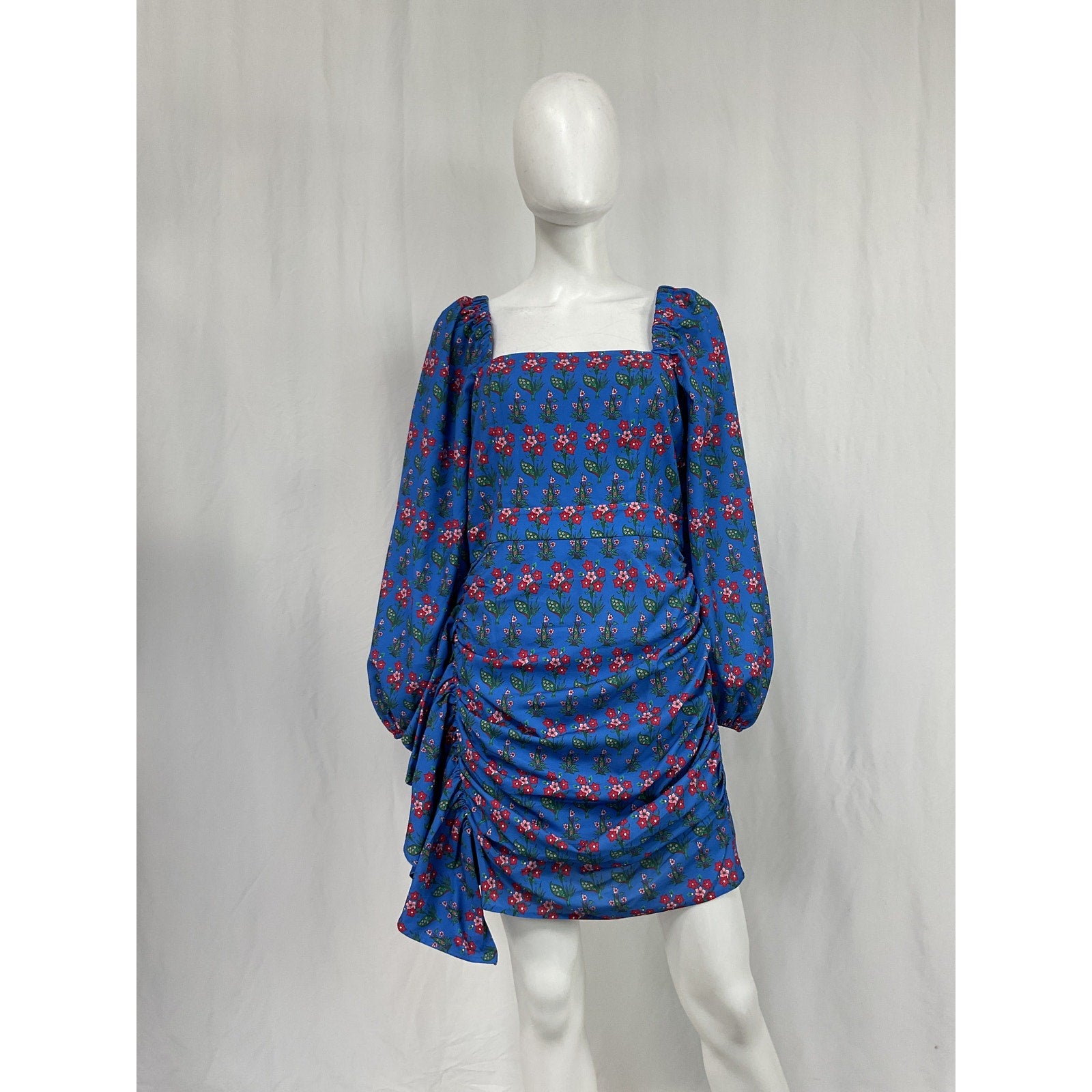 Rhode 'Mina' Blue Polyester Draped Floral-Print Crepe De Chine Mini Dress Size M