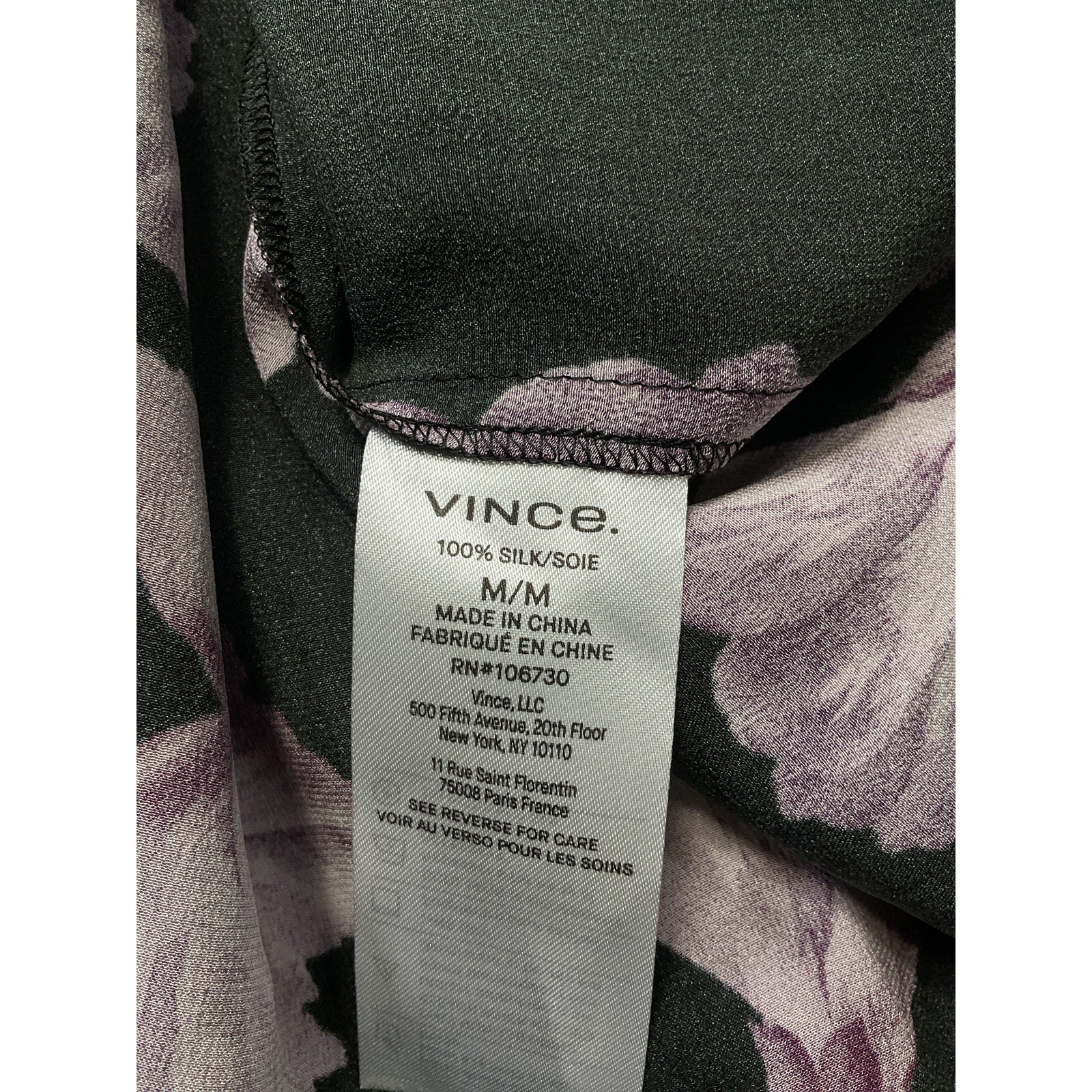 Vince 'Begonia' Black Floral Silk Banded Long Sleeve Collar Shirt Size M