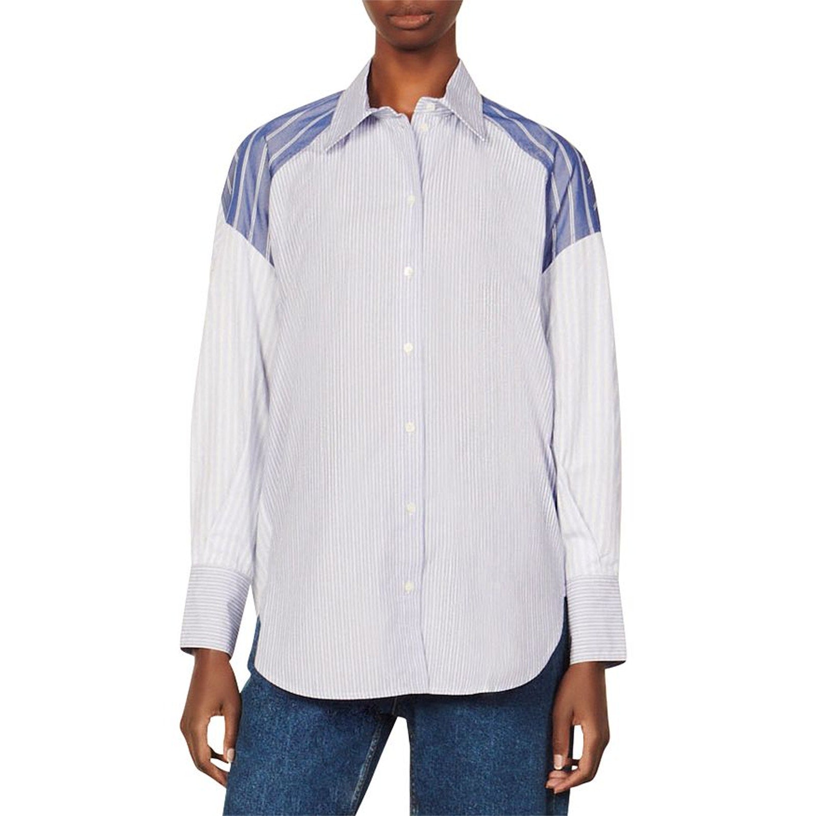 Sandro 'Oriane' Blue Striped Button Up Cotton Shirt Size XS