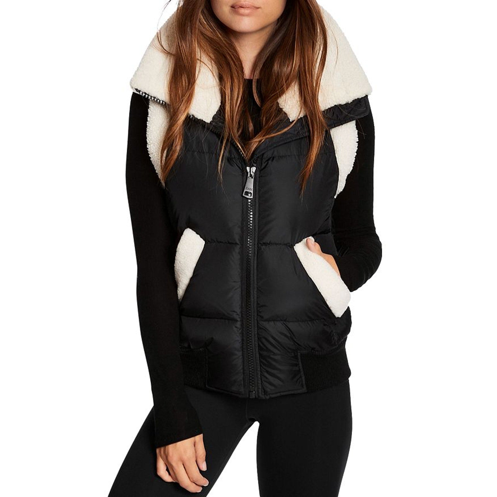 Sam. 'Billie' Black Sherpa Trim Puffer Vest Size S