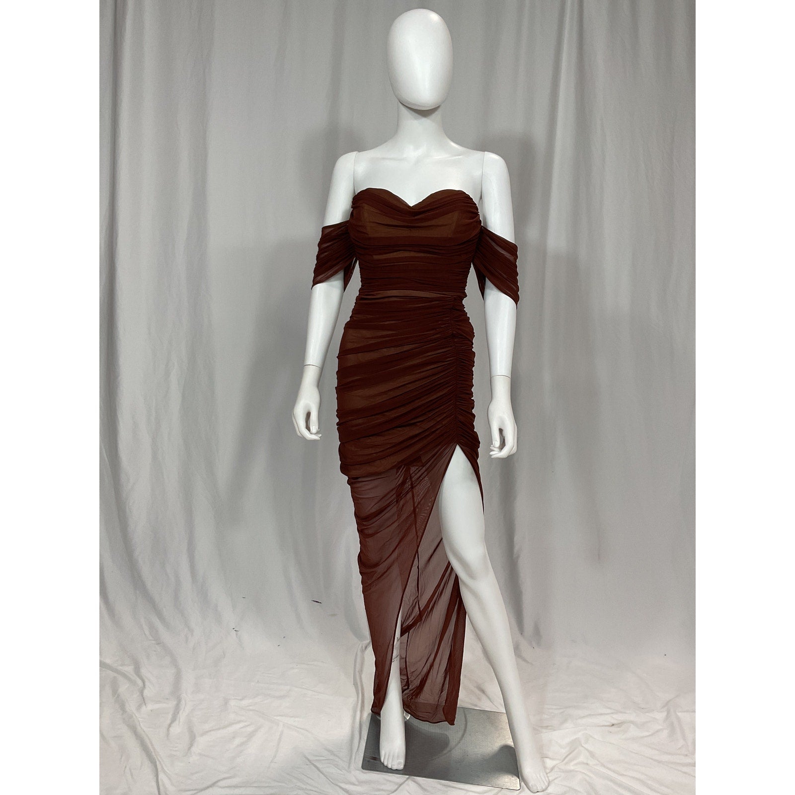 Nookie 'Dita' Red Mesh Off Shoulder Asymmetrical Gown Size M