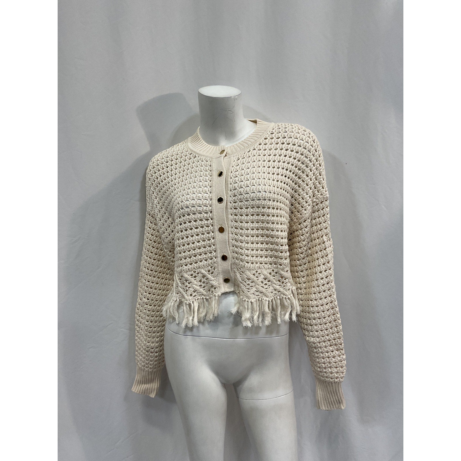 Toccin 'Rachel' White Cotton Fringe Cotton Cardigan Size XS
