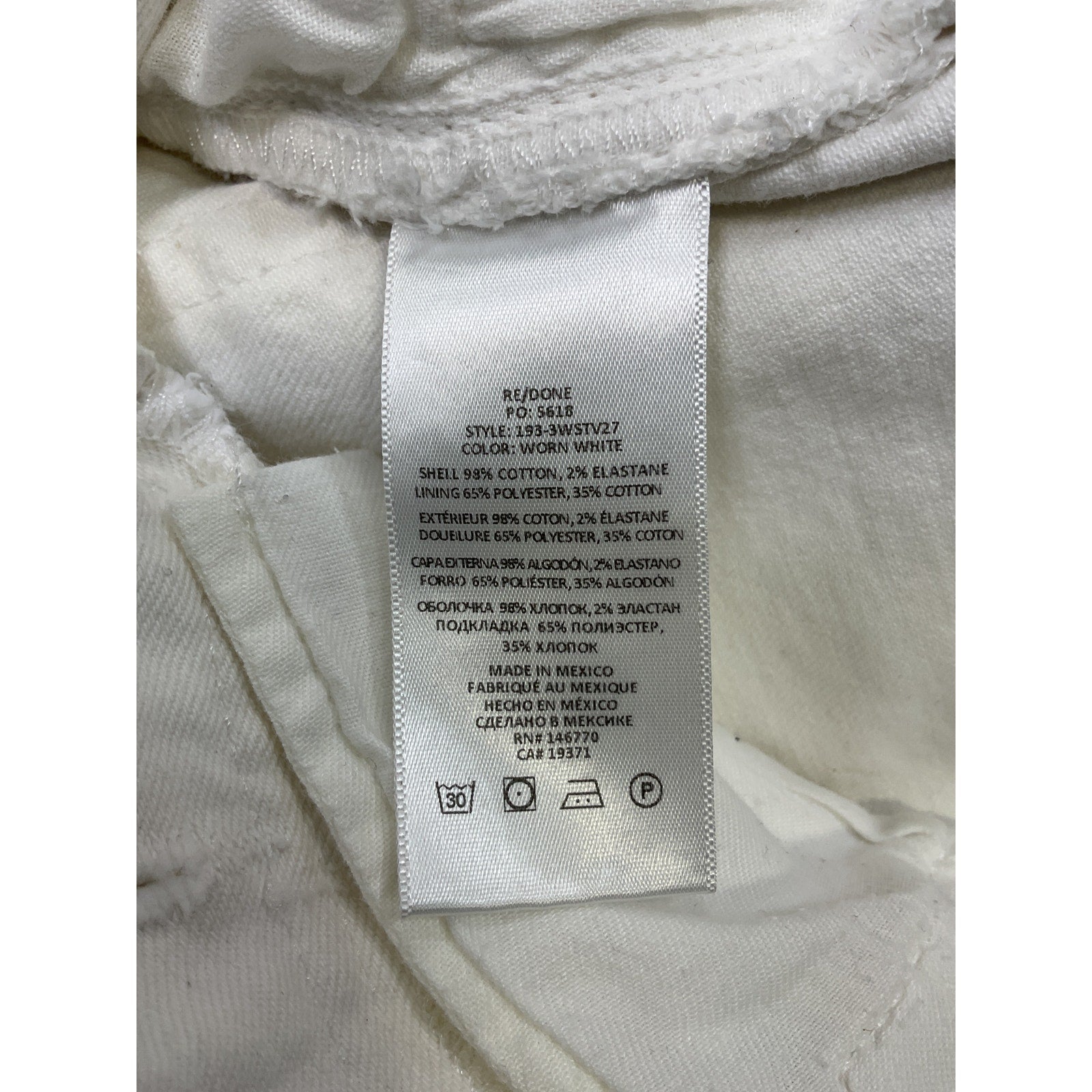 Re/Done '70S' White Cotton Stove Pipe Denim Jean Size 27