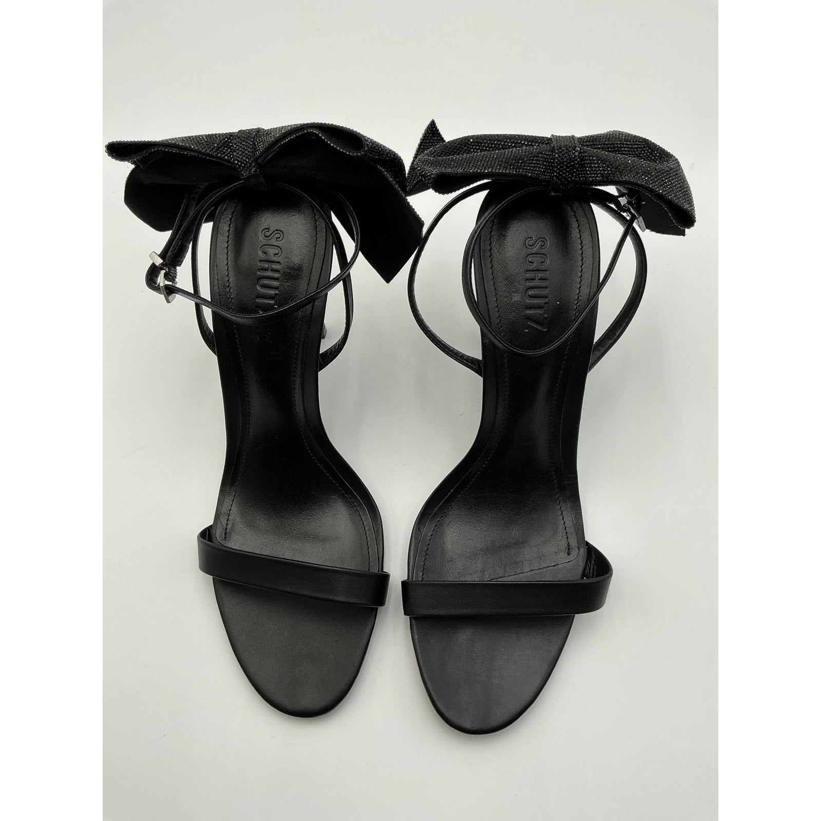 Schutz 'Lyla' Black Leather Crystal Bow Heels Size 10