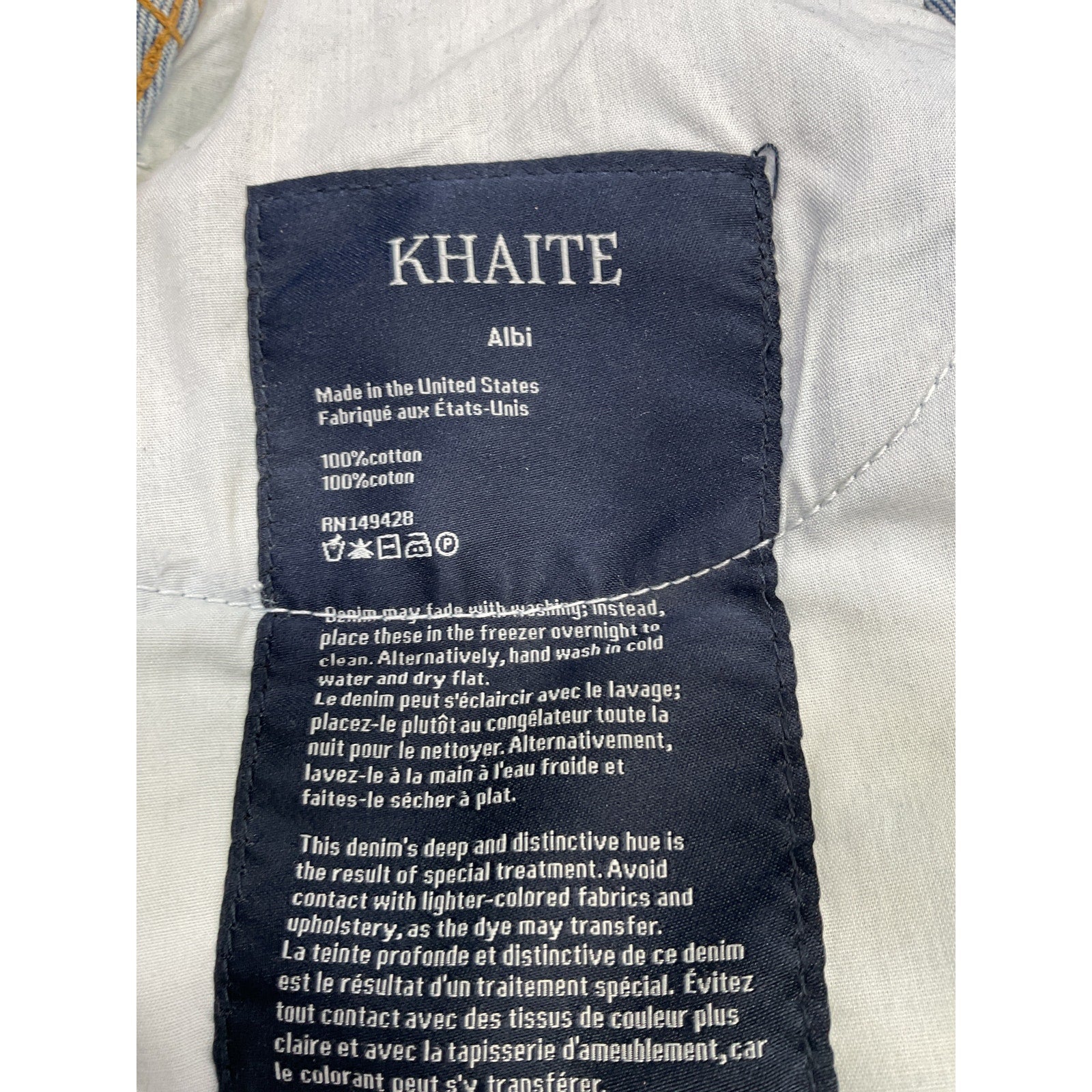 Khaite 'Albi' Blue Cotton Straight Denim Jean Size 27