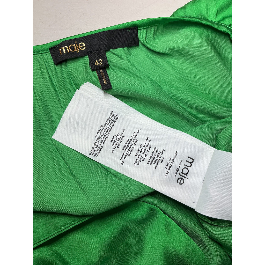 Maje 'Shirred' Green Polyester Satin-Crepe Midi Dress Size 42