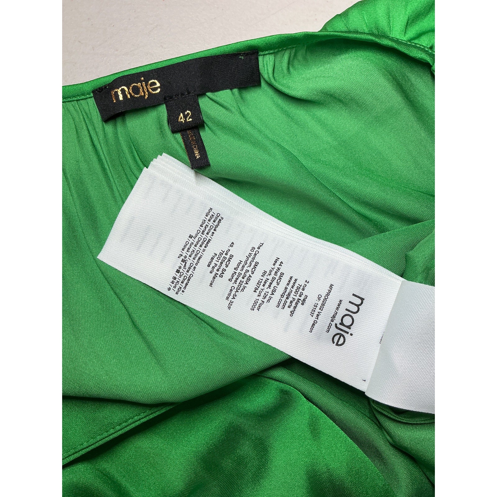 Maje 'Shirred' Green Polyester Satin-Crepe Midi Dress Size 42