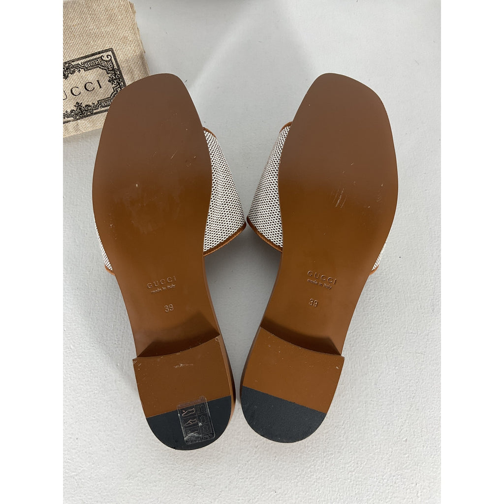 Gucci Interlocking G Brown Leather-Trimmed Slides Size 9