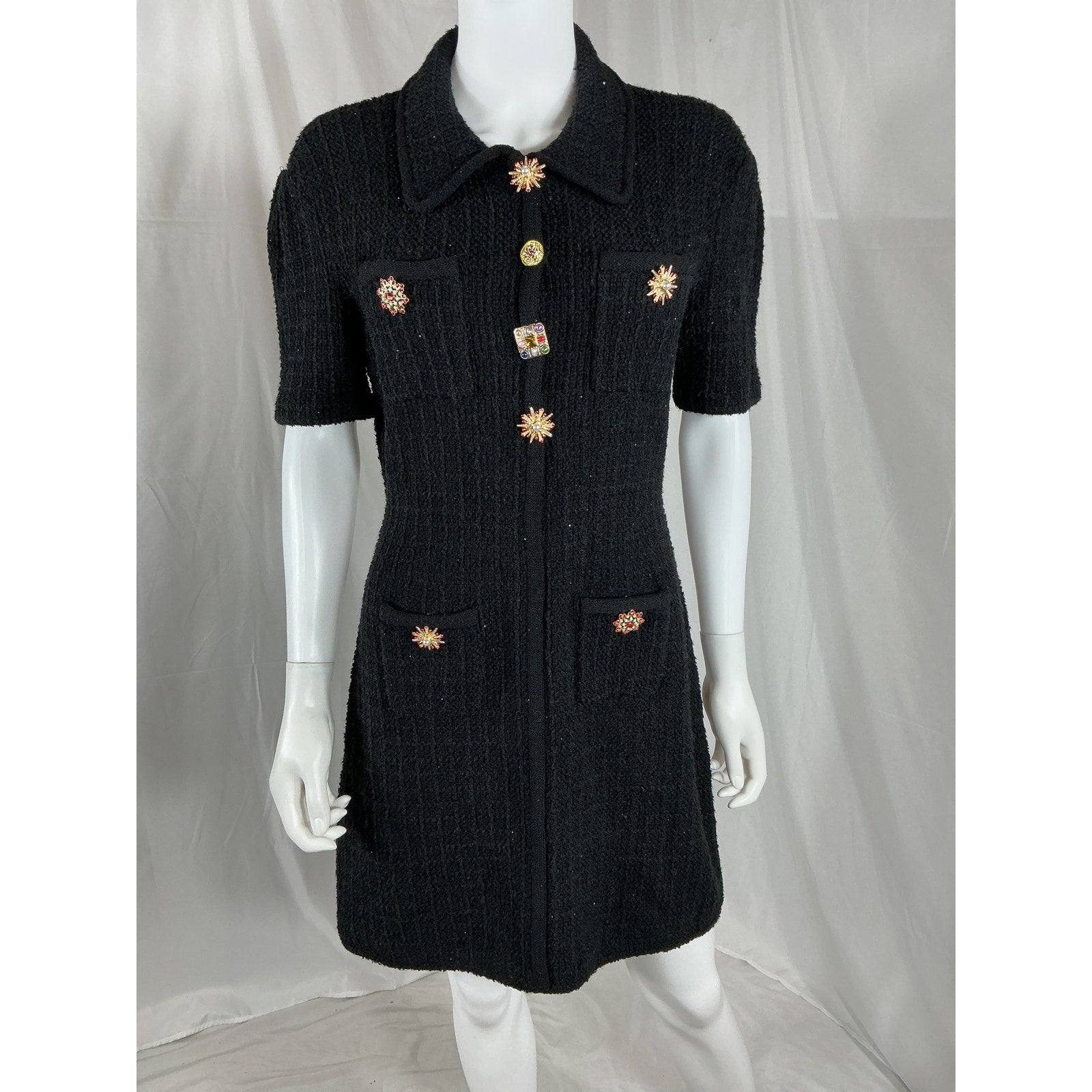 Self-Portrait 'Jewel' Black Viscose Button Knit Mini Dress Size L
