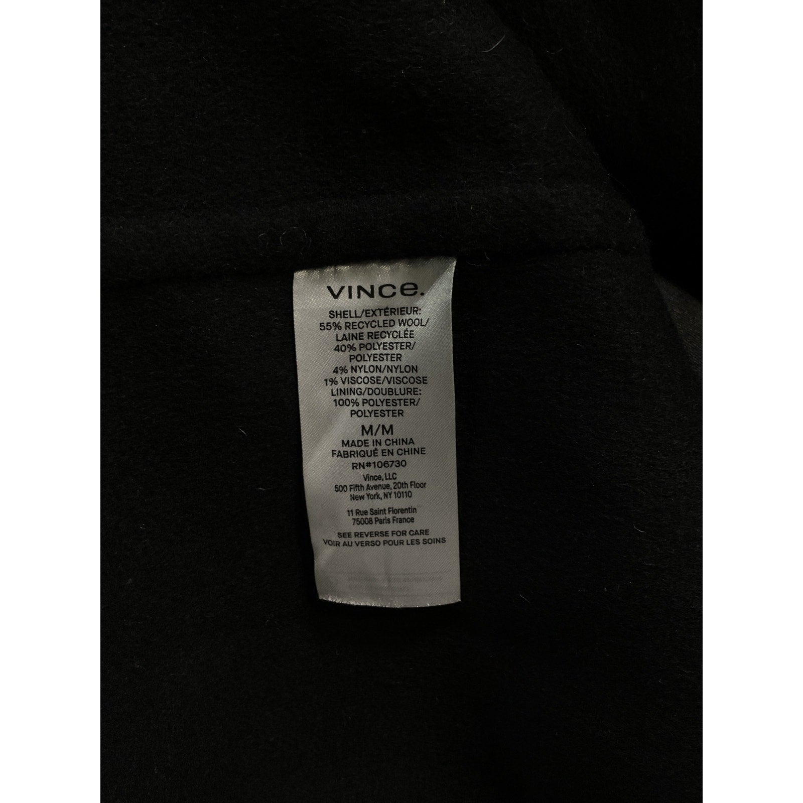 Vince 'Classic' Black Wool Blend Straight Coat Size M