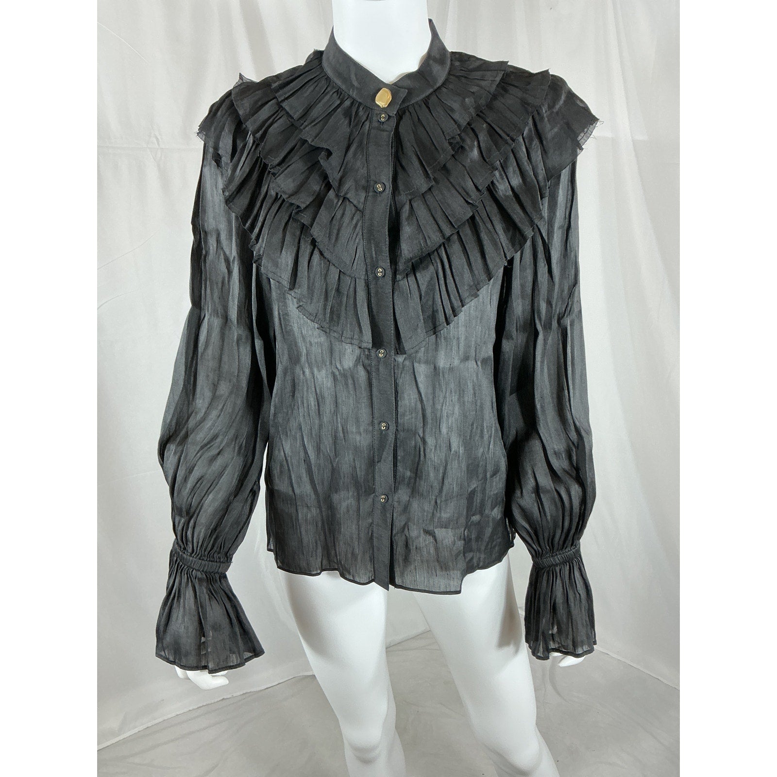 Aje 'Serene' Black Linen Ruffle Collar Linen & Silk Organza Button-Up Blouse Size 6