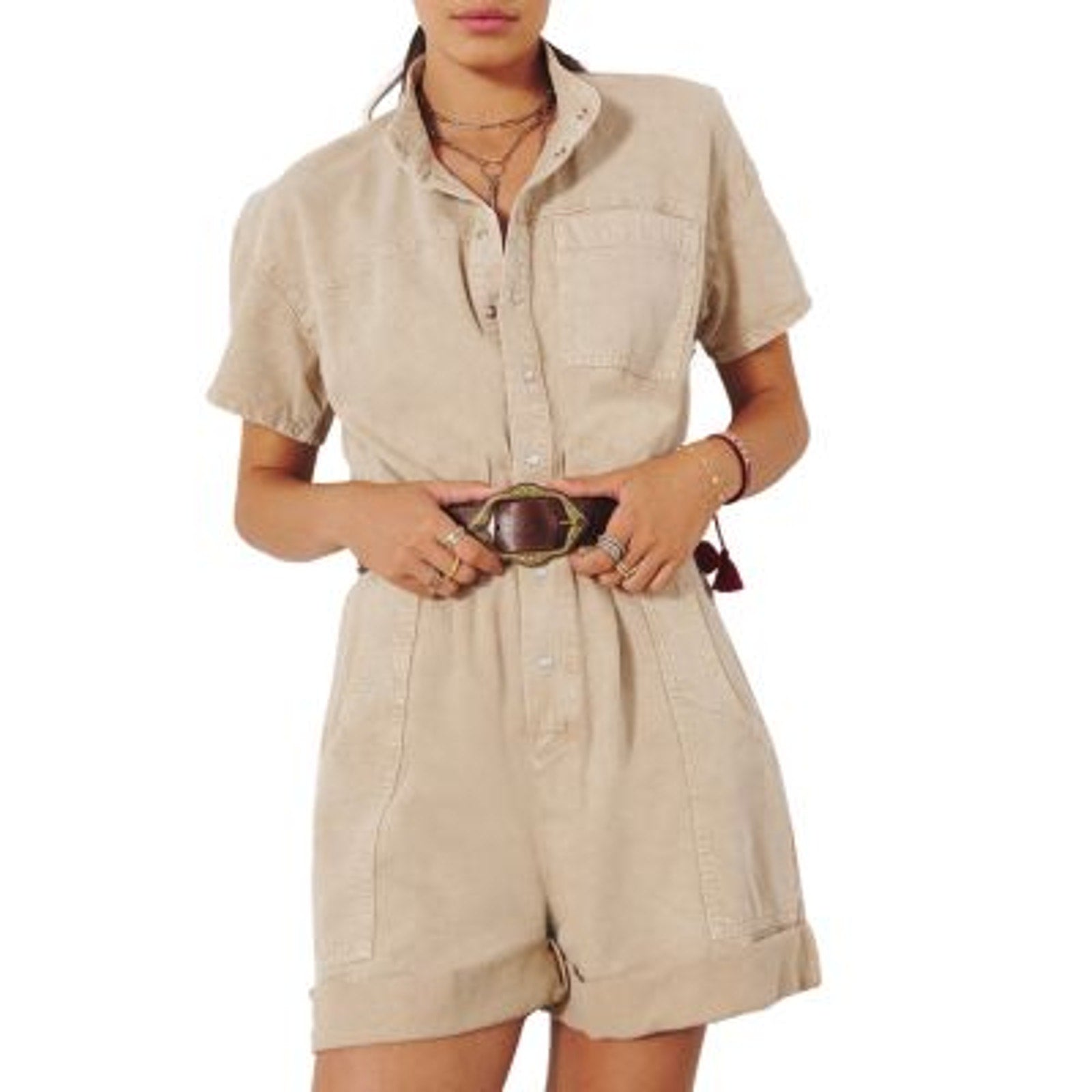 Ba&Sh 'Daquila' Beige Cotton Cuffed Romper Size M