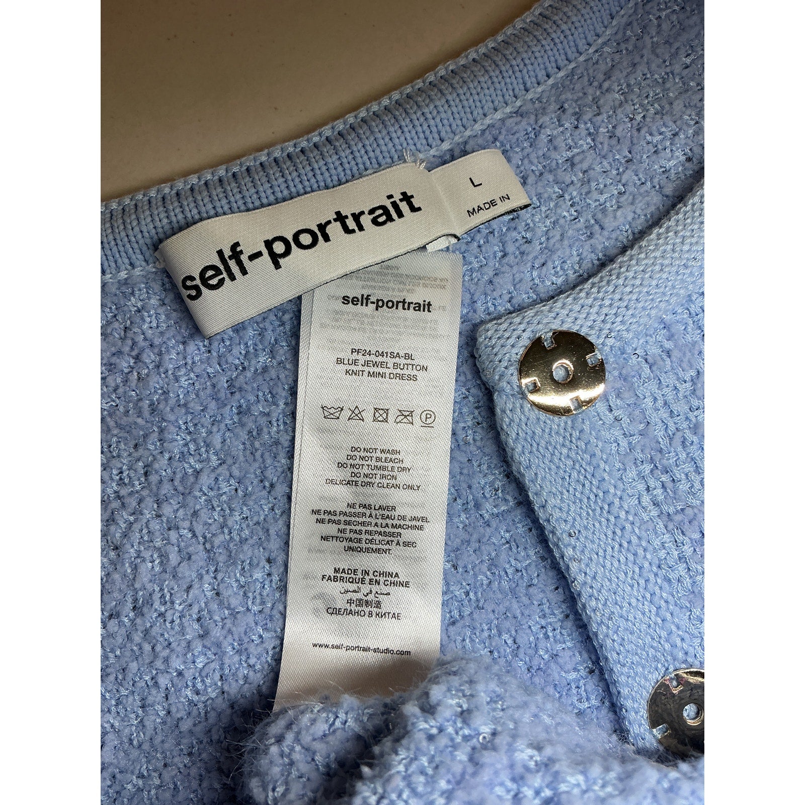 Self-Portrait 'Jewel' Blue Viscose Button Knit Mini Dress Size L