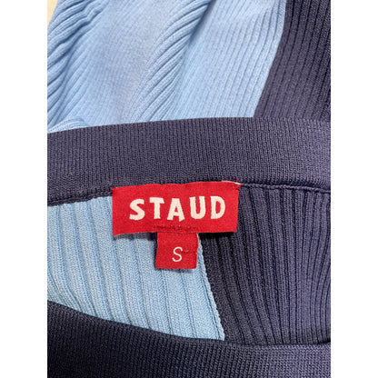 Staud 'Lorraine' Blue Viscose Two-Tone Ribbed-Knit Midi Skirt Size S