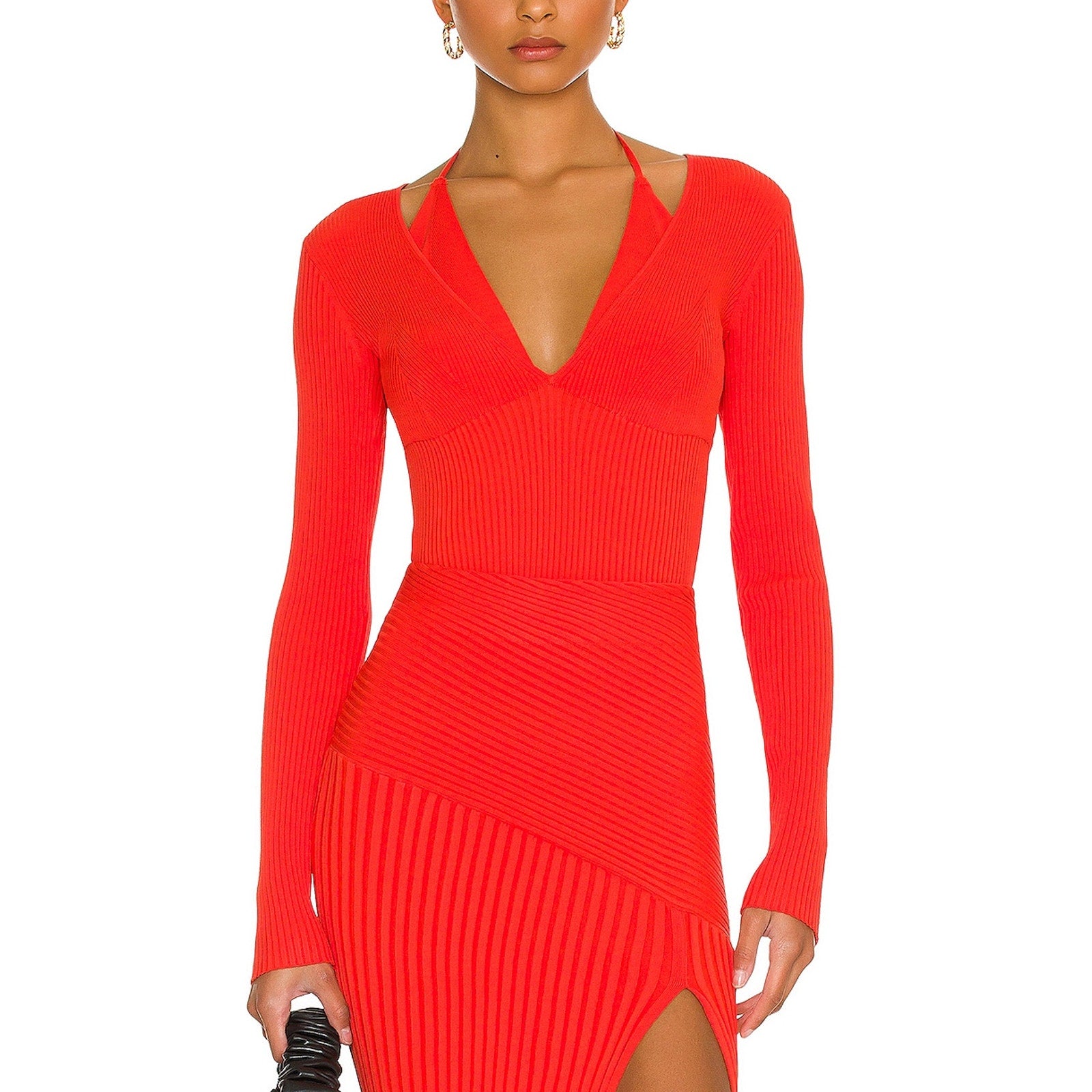 Nicholas 'Amara' Red Knit Halter Mixed Rib Long Sleeve Top Size S