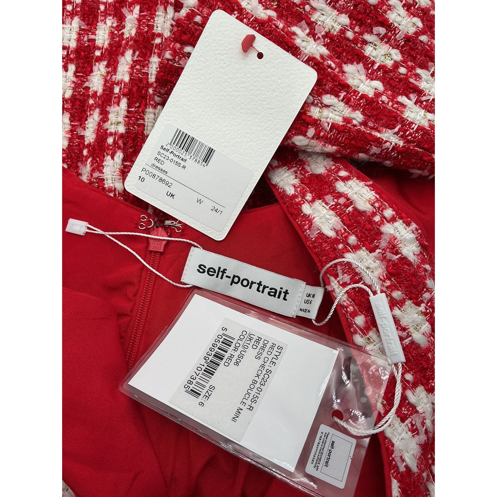 Self-Portrait 'Checked' Red Polyester Boucl� Minidress Size 10 - NWT