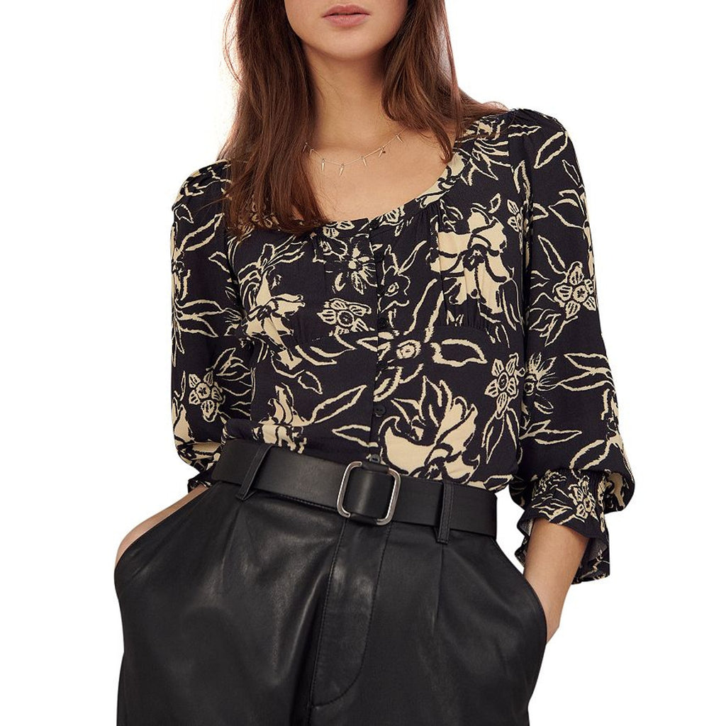 Ba&Sh 'Sessee' Black Floral Print Three Quarter Sleeve U Neck Button Blouse Size 1