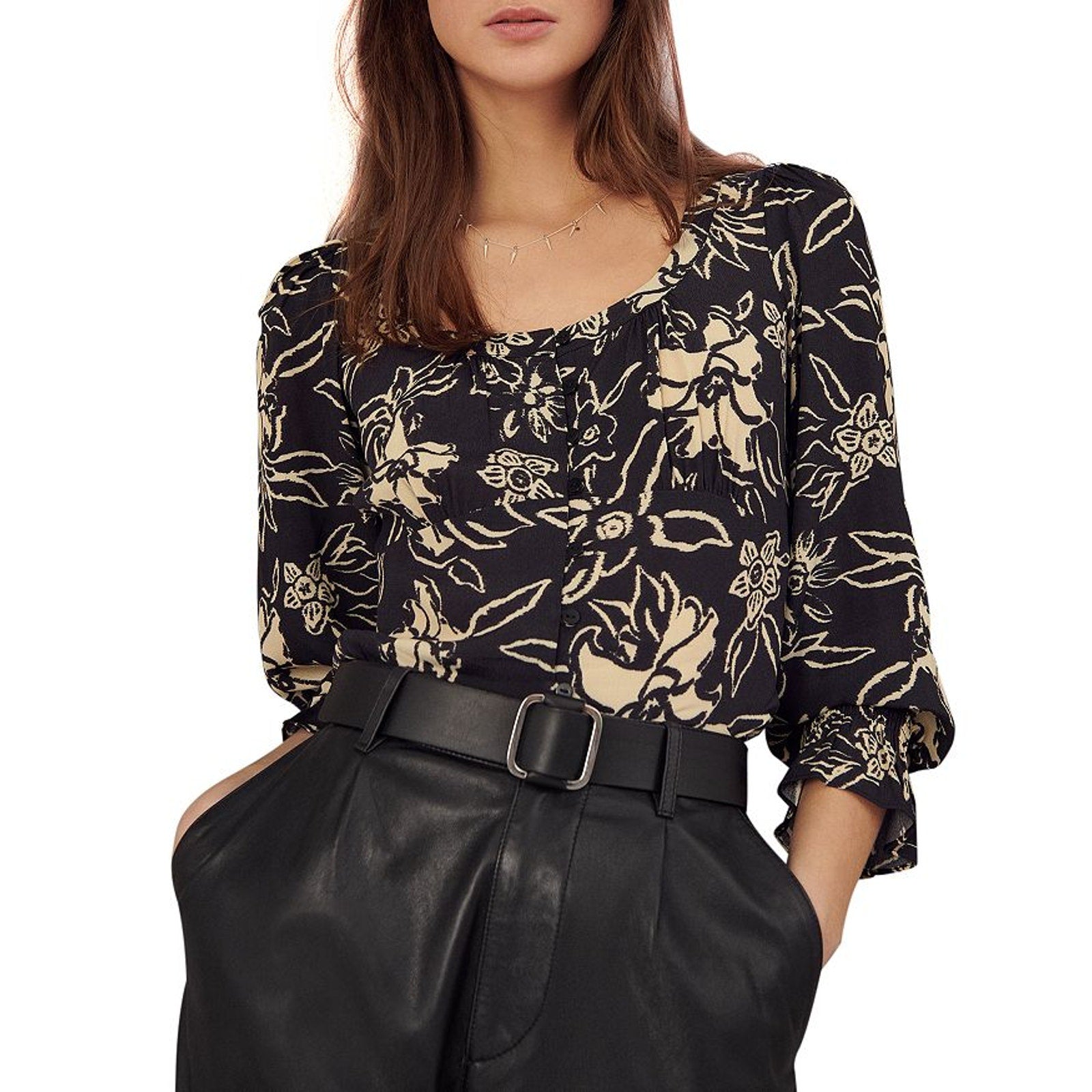 Ba&Sh 'Sessee' Black Floral Print Three Quarter Sleeve U Neck Button Blouse Size 1