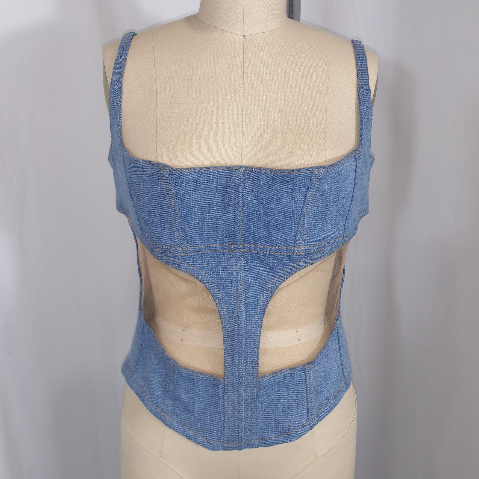Mugler Denim And Tulle Blue Bustier Top Size OS