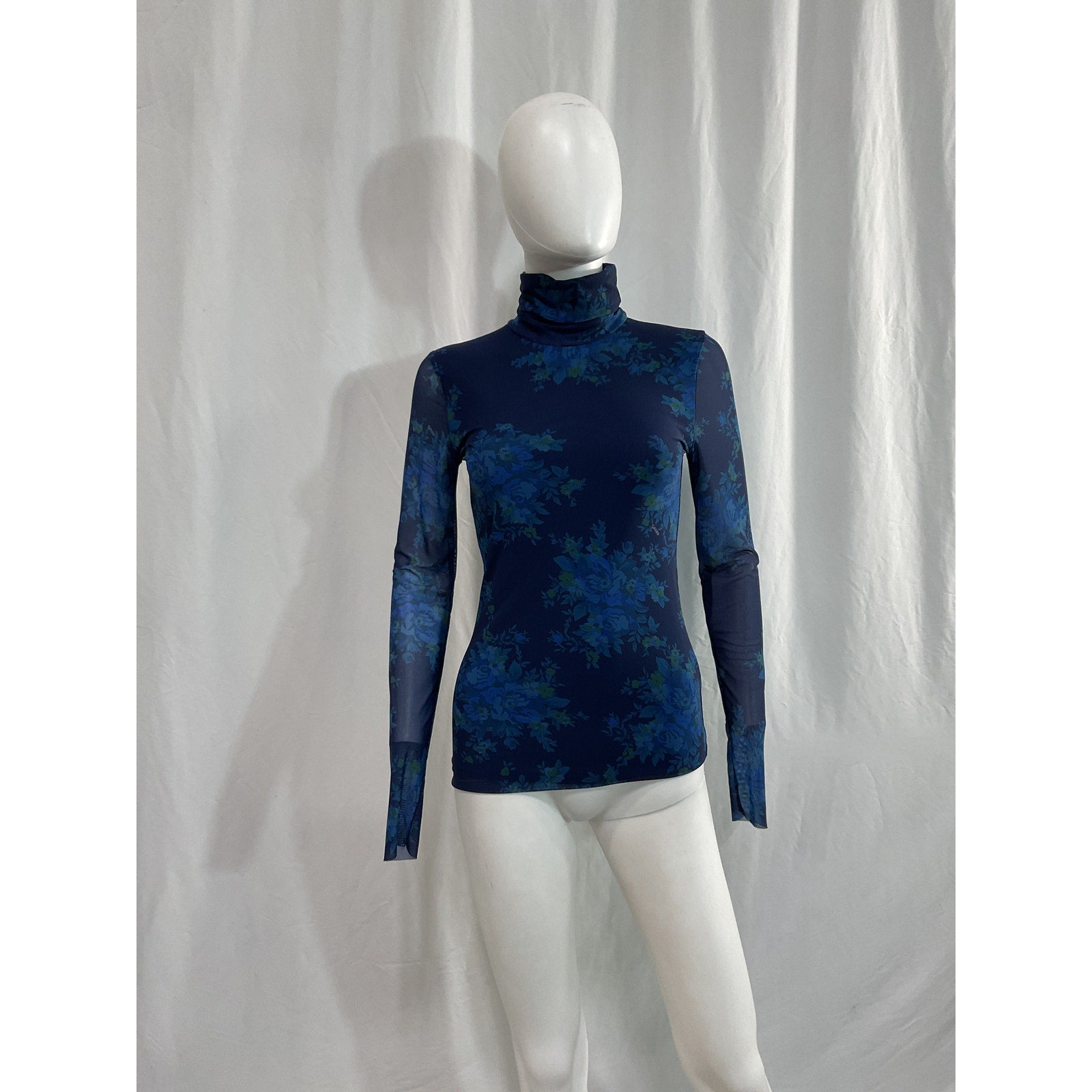 Ganni 'Printed' Blue Turtleneck Mesh Top Size 34
