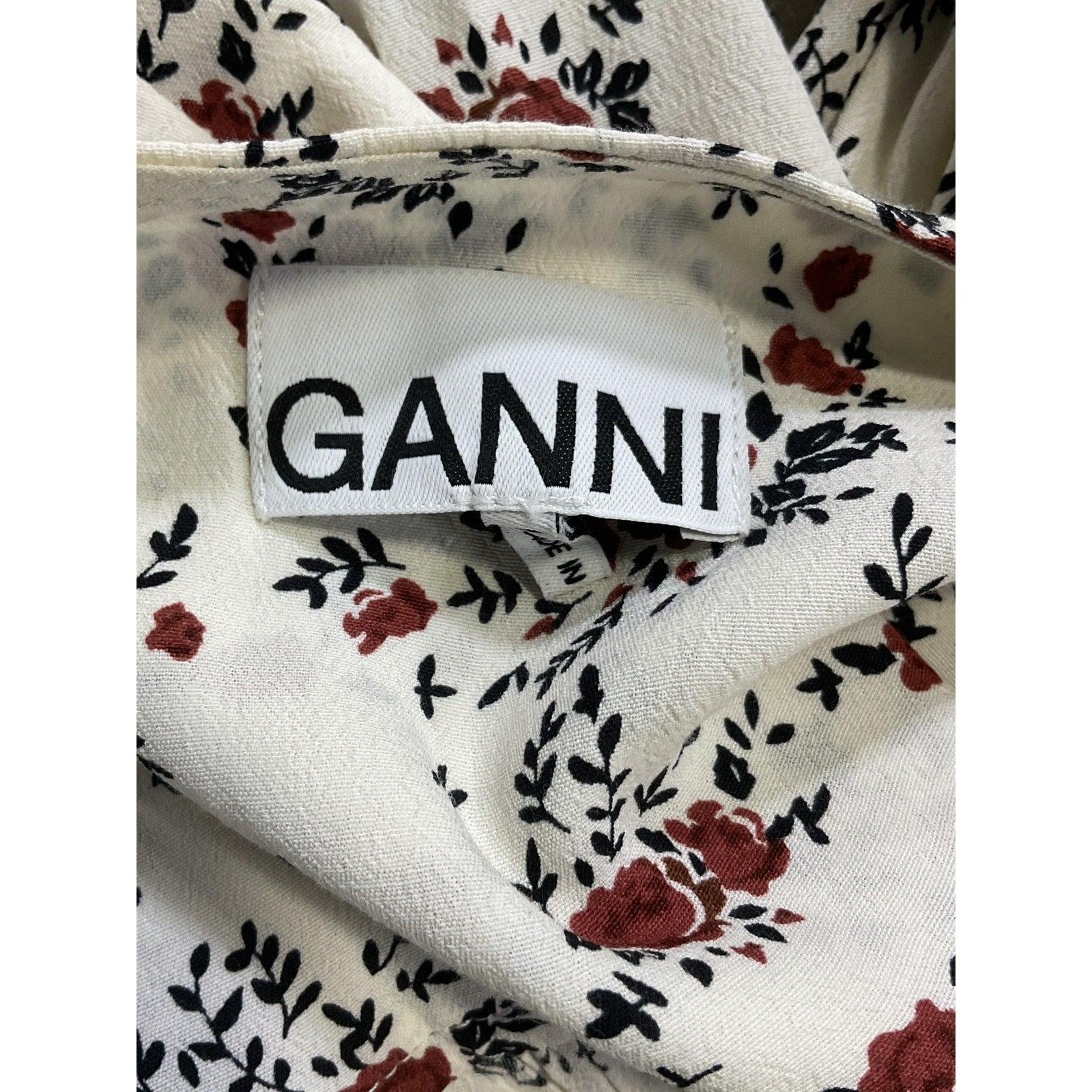 Ganni 'Printed' White Crepe Elbow Sleeve Mini Dress Size 36