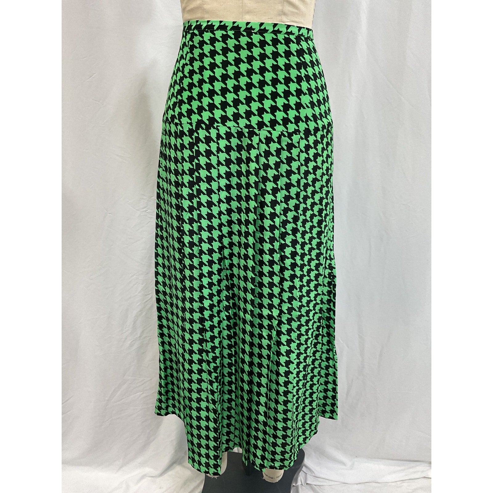 Rixo 'Nancy' Green Pleated Houndstooth Silk-Crepe Midi Skirt Size S